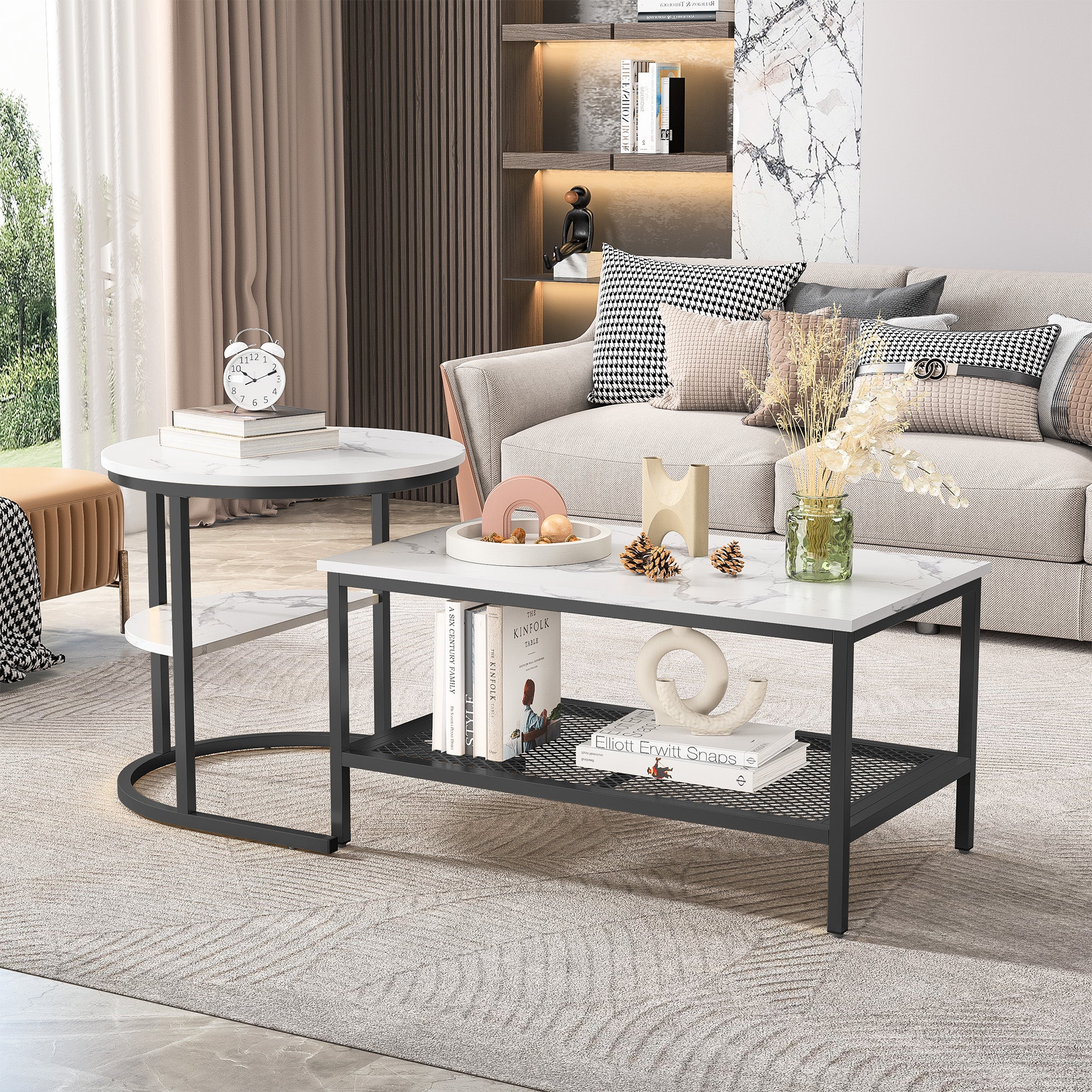 Tables Basses Gigognes Lot de 2,Table Gigogne Design Marbre, Cadre en Métal Noir, Table d'Appoint,Tables Basse Salon Rectangulaire pour Canapé,Chambre - 9