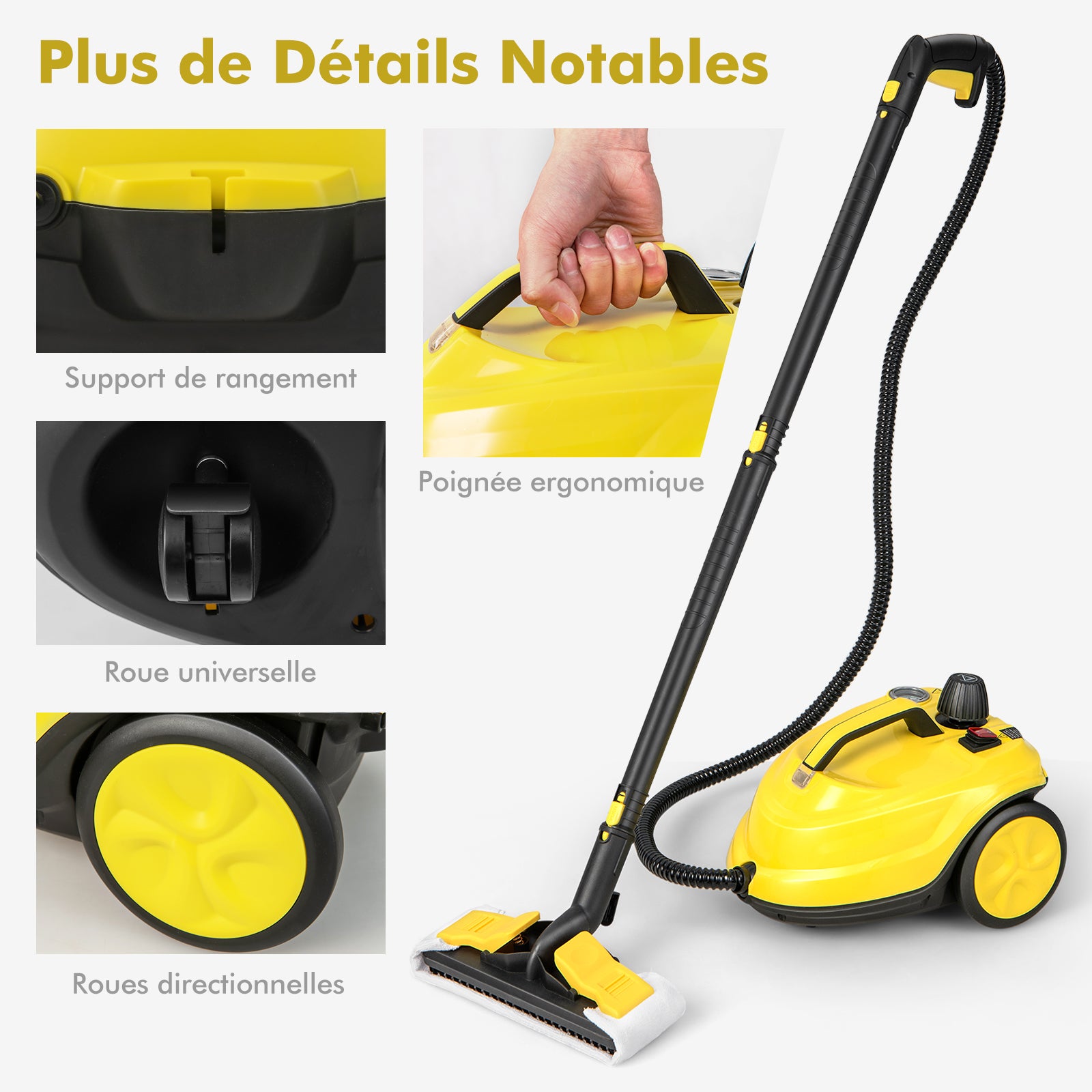 Nettoyeur Vapeur Polyvalent de 2000W avec 15 Accessoires et Manomètres, Balai Vapeur à Roulettes 5 Bars avec Réservoir de 1,8 L, Jaune - 8
