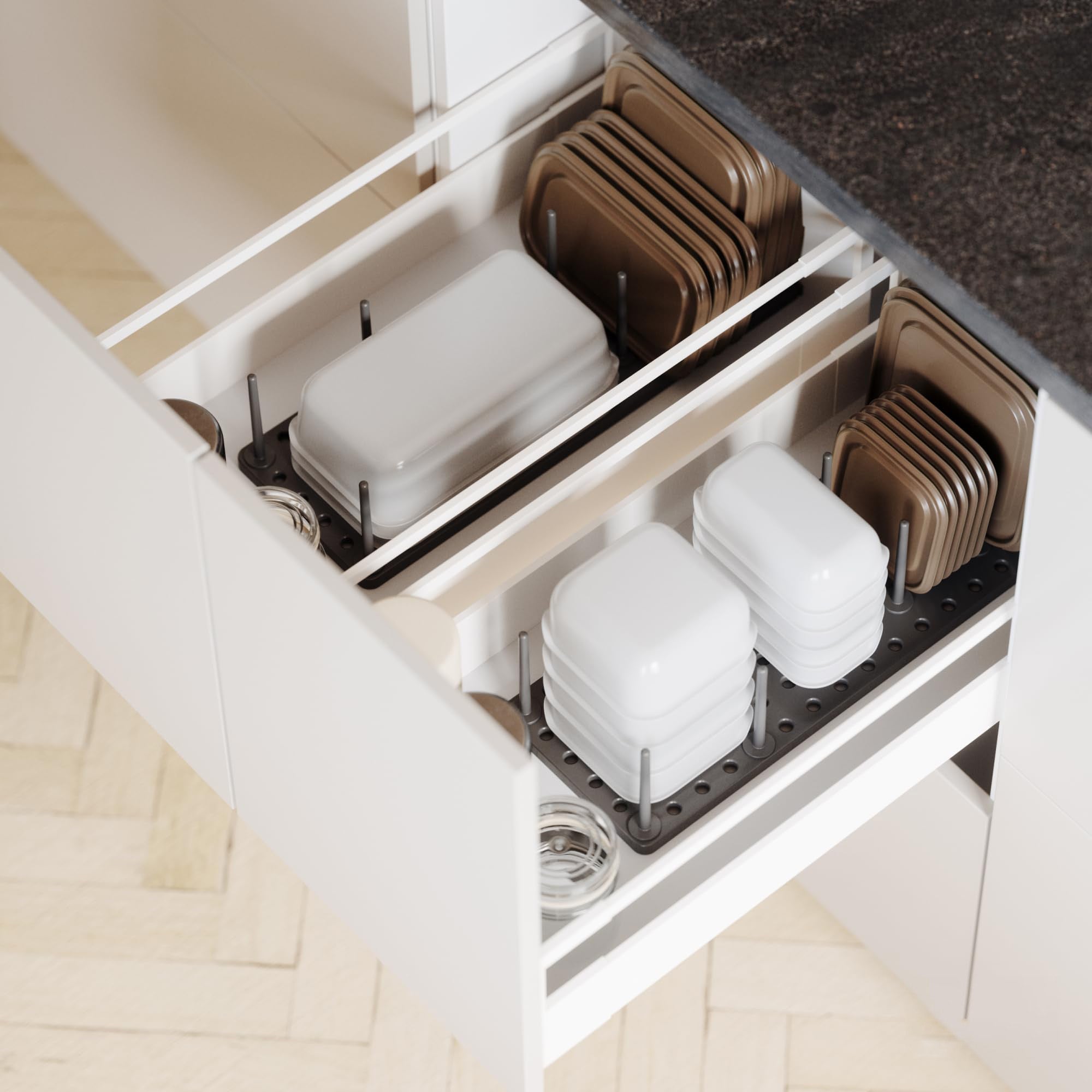 Organiseur de placards, étagères et tiroirs de cuisine, système de rangement réglable pour contenants alimentaires, casseroles, Lot de 2,45x30x10 - 3