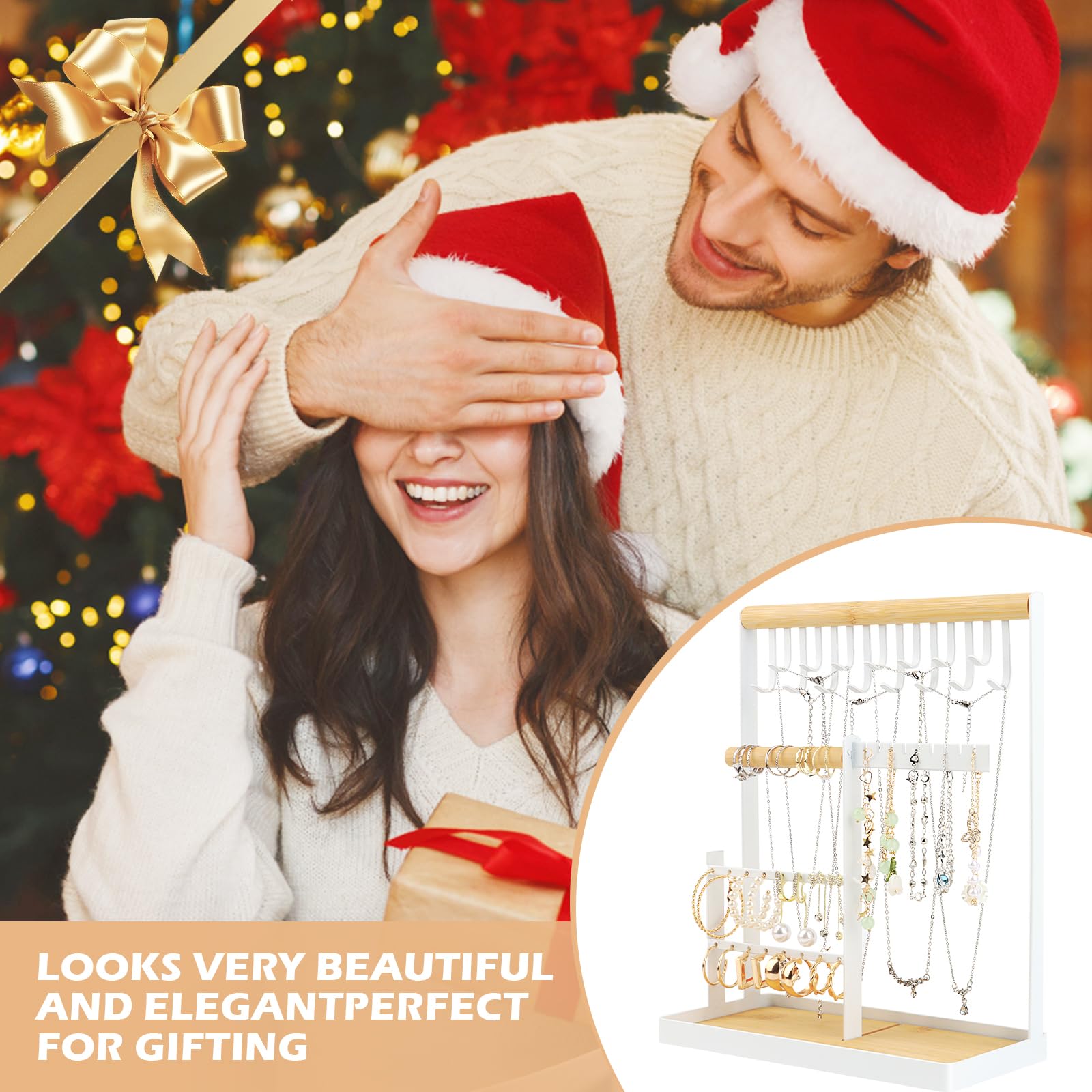 Présentoir à Bijoux, Présentoir à Bijoux Porte-Chaîne, Arbre à Bijoux à 4 Niveaux, Presentoir Boucle D'oreille avec Base en Bois, Boucles d’Oreilles - 7