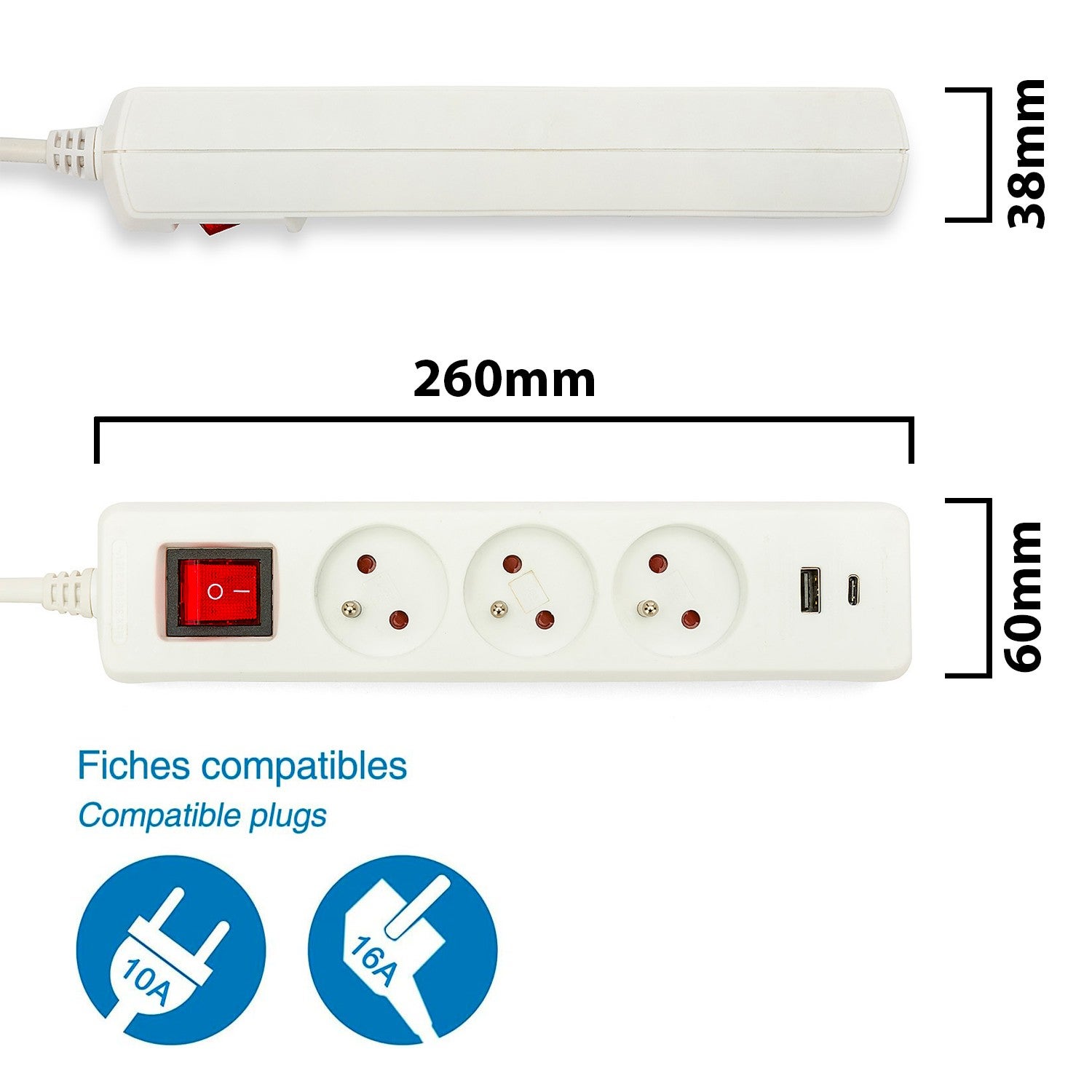 Multiprise française avec 3 sorties 2P+T et 2 prises USB. Câble de 1,5 m - 3