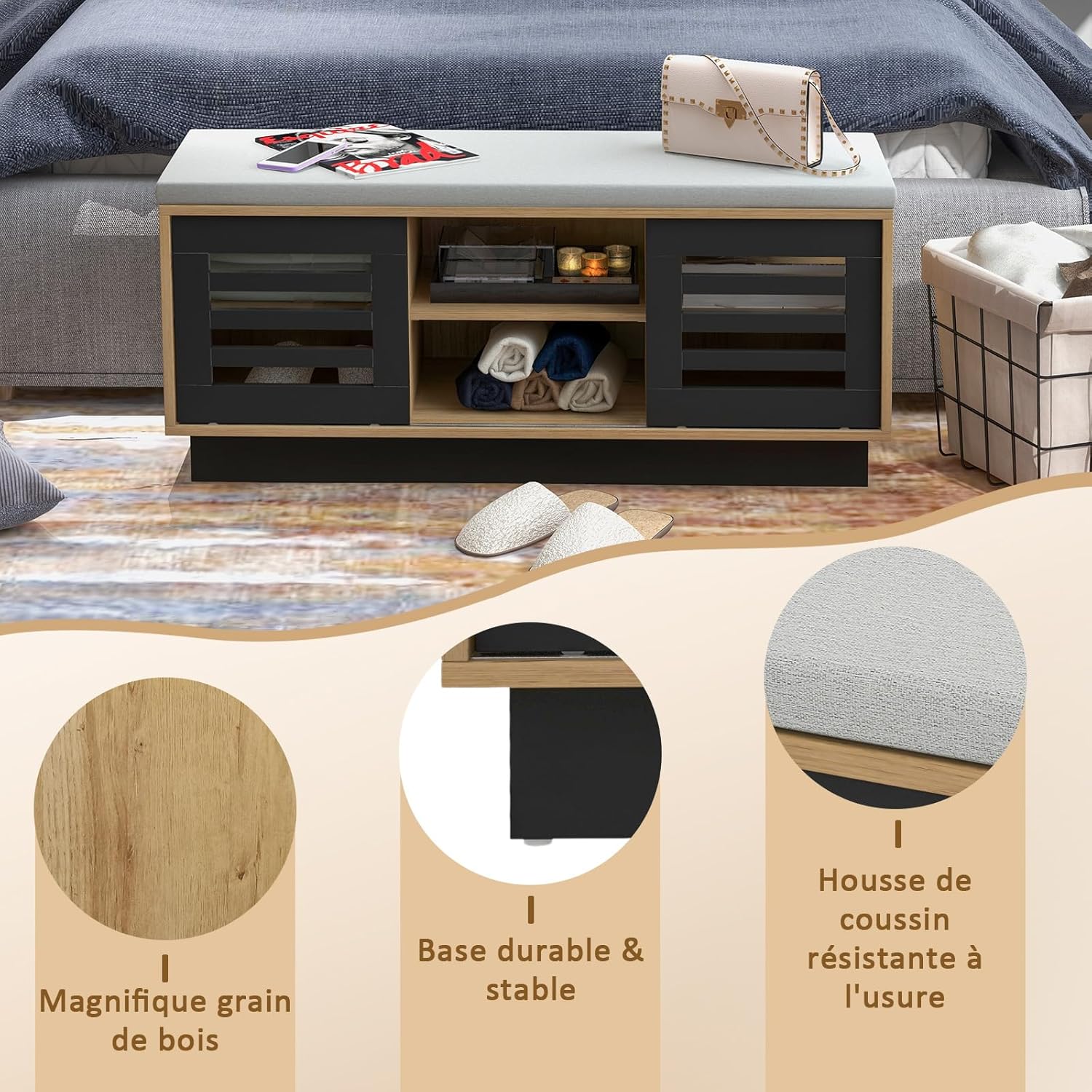 Panca Scarpiera con 6 Scomparti e 3 Ripiani Regolabili, Panca Porta Scarpe con Cuscino, Scarpiera con 2 Ante Scorrevoli, Mobile Scarpe per Ing - 6