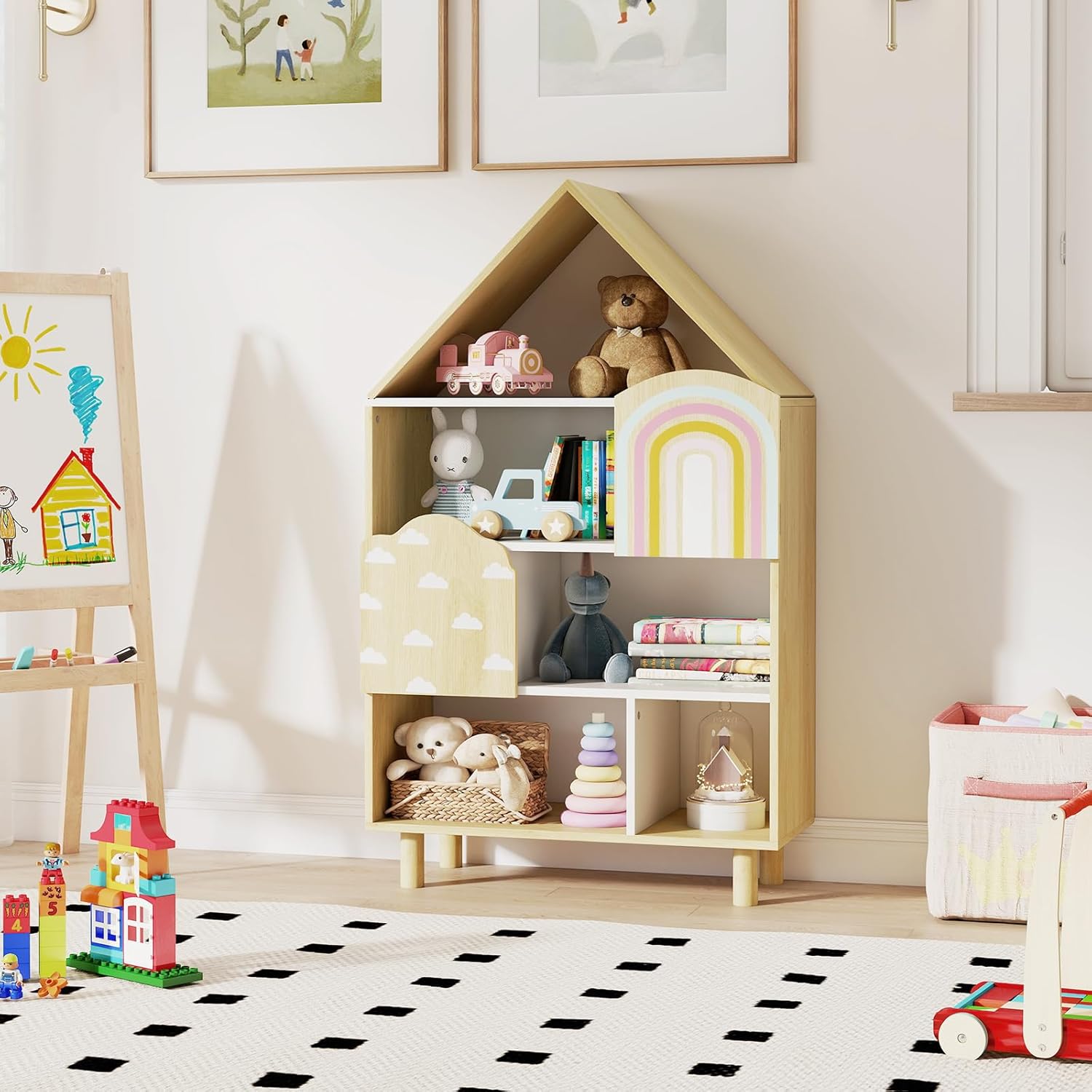 Bibliothèque pour Enfants, Étagère en Forme de Maison avec 2 Portes, Système Anti-basculement & Pieds en Bois Massif, pour Chambre d'Enfants, Naturel - 7