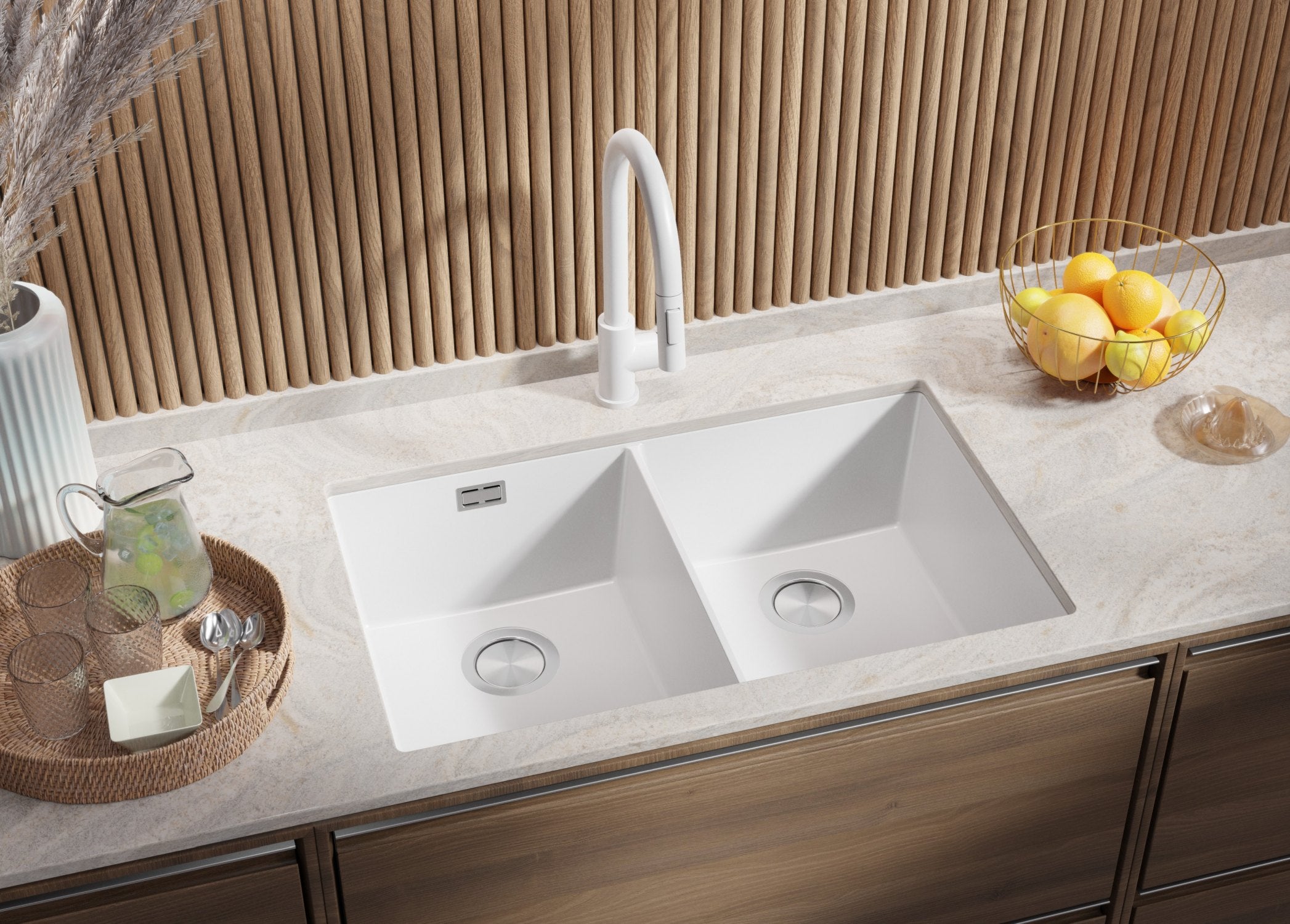 Lava-louça de encastrar Branco 76x47cm, Pia de Cozinha 2 cubas + Kit de drenagem, Pia em Granito em armários de 80cm - Madrid PRIMAGRAN - 2