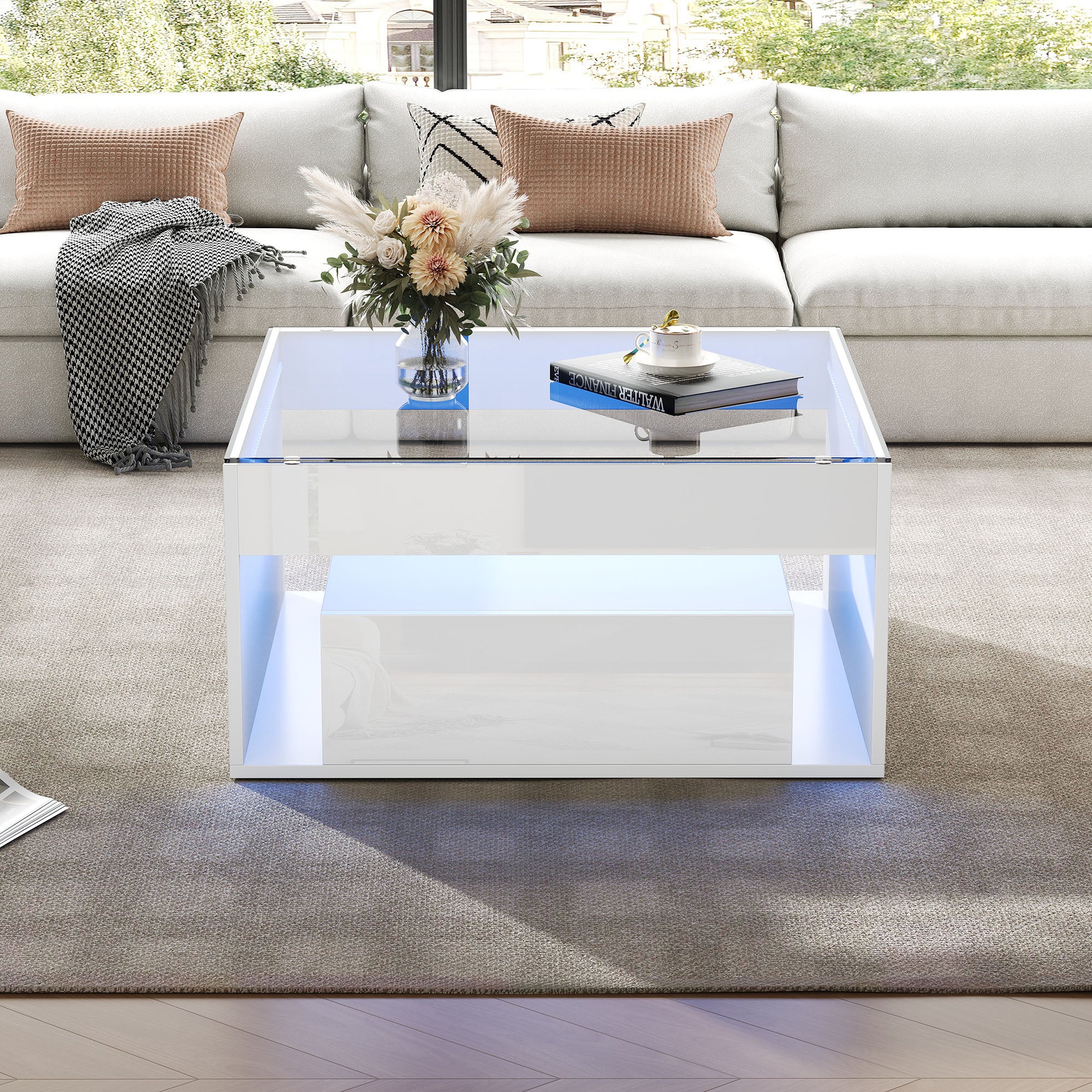 Stolik kawowy kwadratowy z 2 szufladami - 70 x 70 x 35 cm - płyta MDF i szklany blat - diody LED - biały