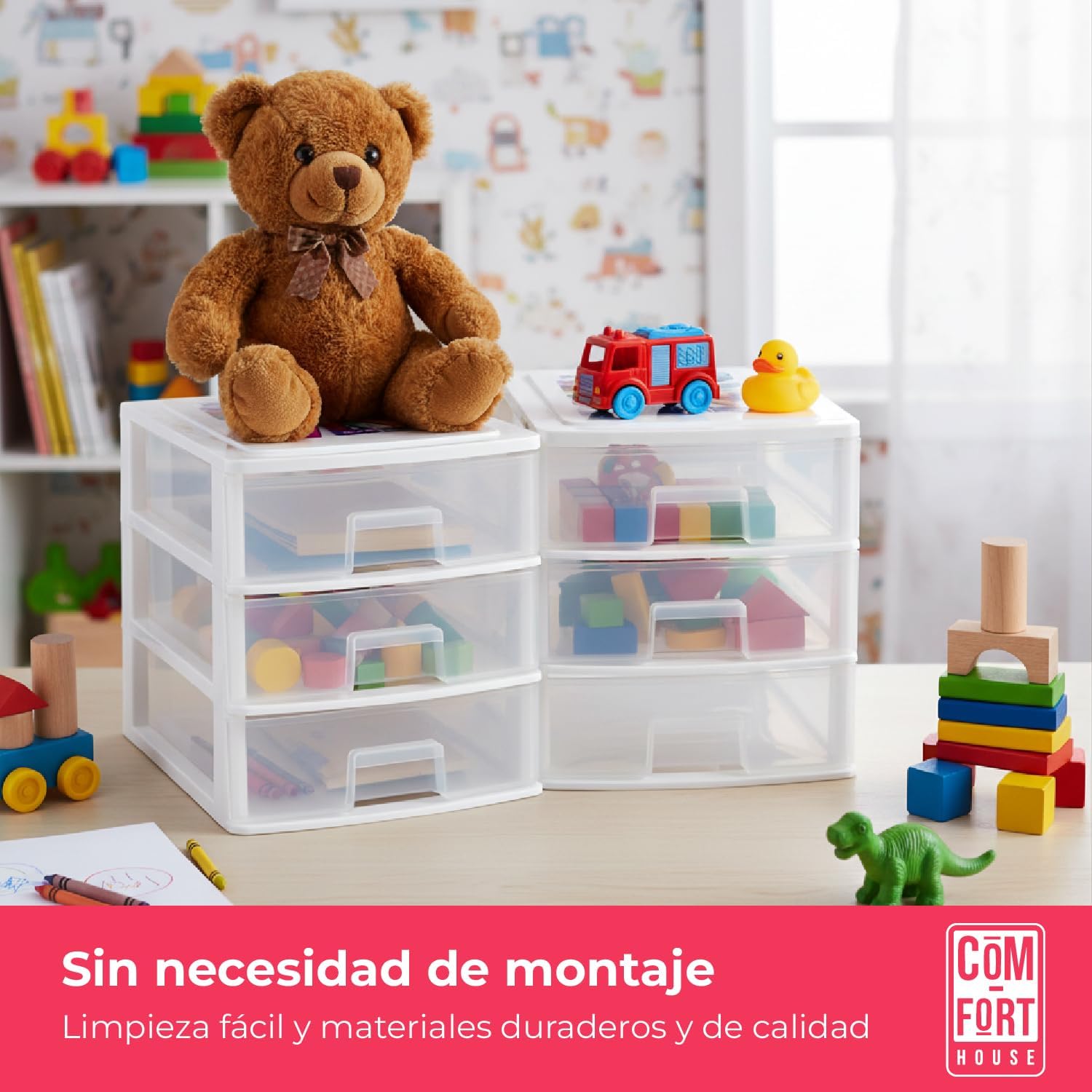COM-FORT HOUSE | Cajonera Apilable de Plástico | Modelo Transparente | Color Blanco | Modelo de 3 Cajones | Cajones de Almacenamiento Modular - 6