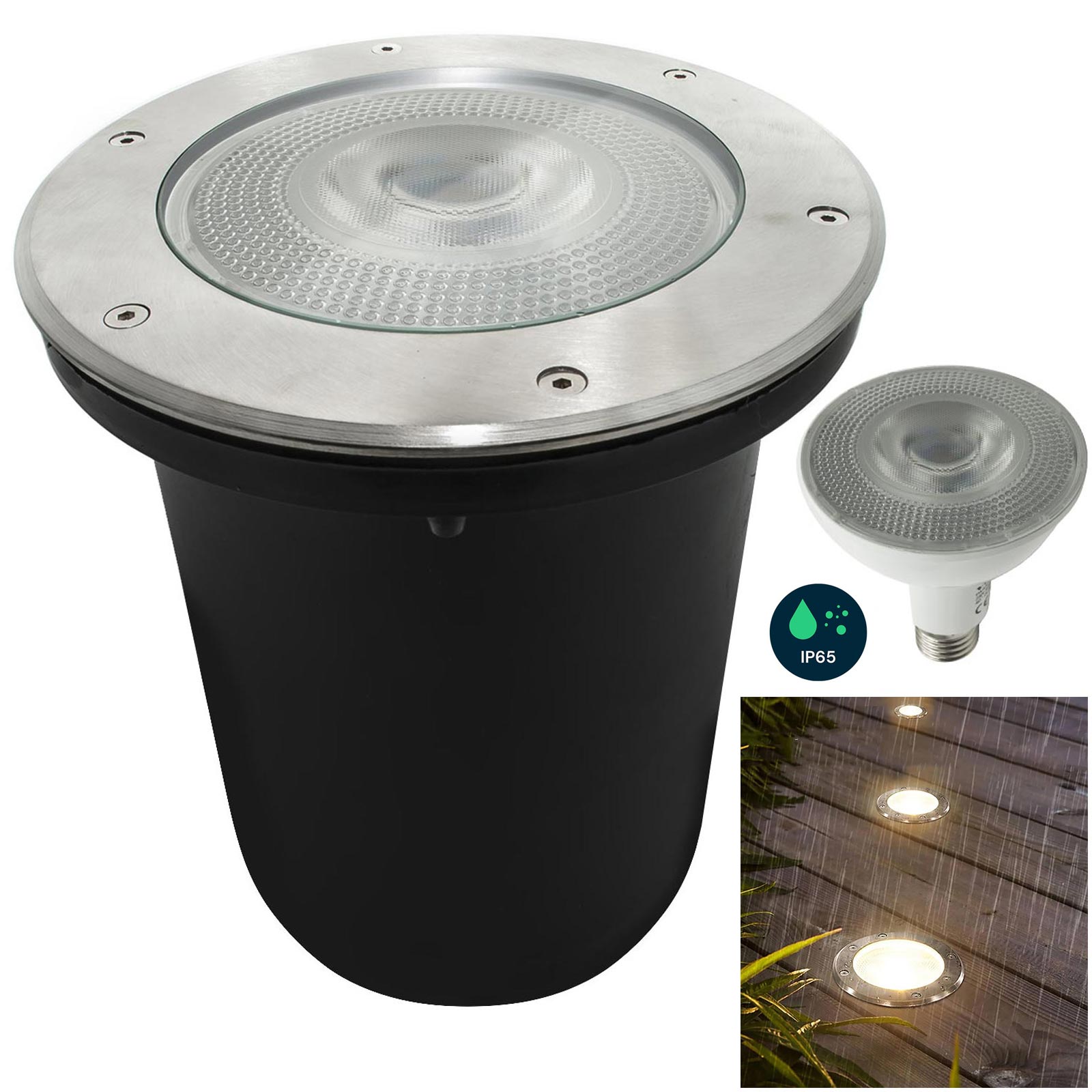 Planetitaly  Foco Led Empotrable Transitable Ip65 E27 Par30 12W Redondo De Acero Ángulo De Luz Spot 40 Grados Jardín Avenida Camino Luz Cálida 3000K , Leroy Merlin