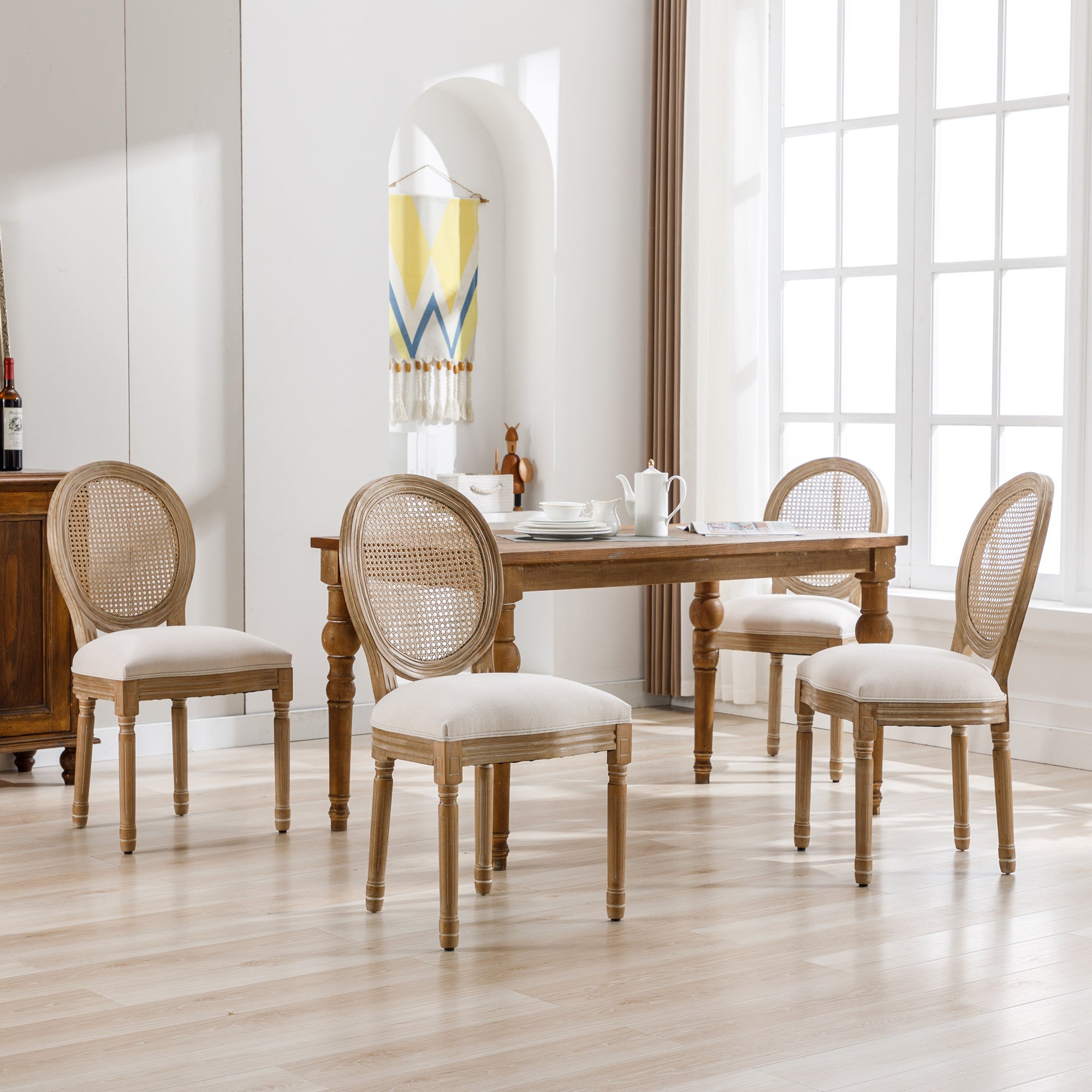 Chaises de salle à manger Ensemble de 4 chaises de cuisine avec dossier en rotin Chaise rembourrée Louis avec dossier rond Chaise médaillon, pieds en - 4