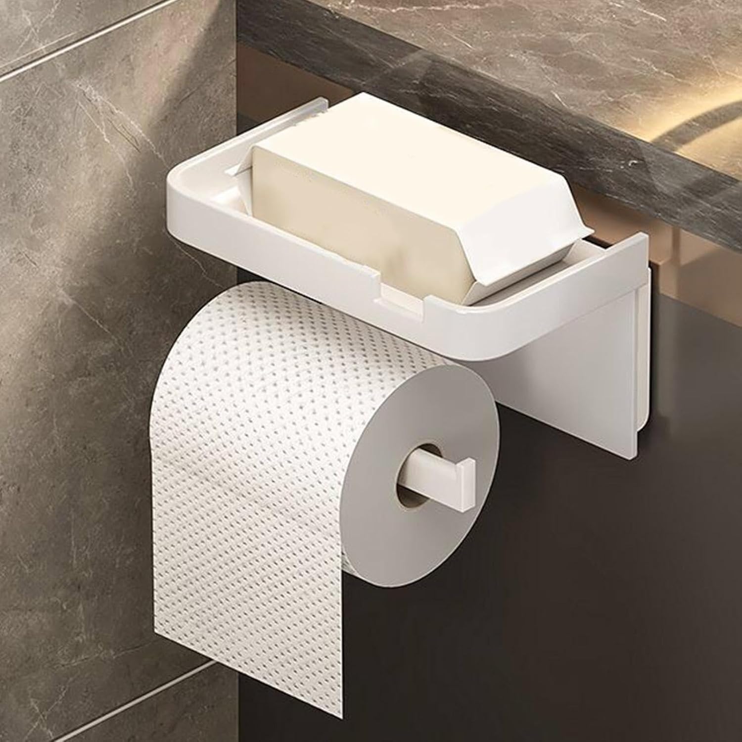 Uchwyt na papier toaletowy, dozownik ręczników papierowych w rolce, organizer łazienkowy z uchwytem na telefon, biały, 7,09 x 4,41 cala - 3