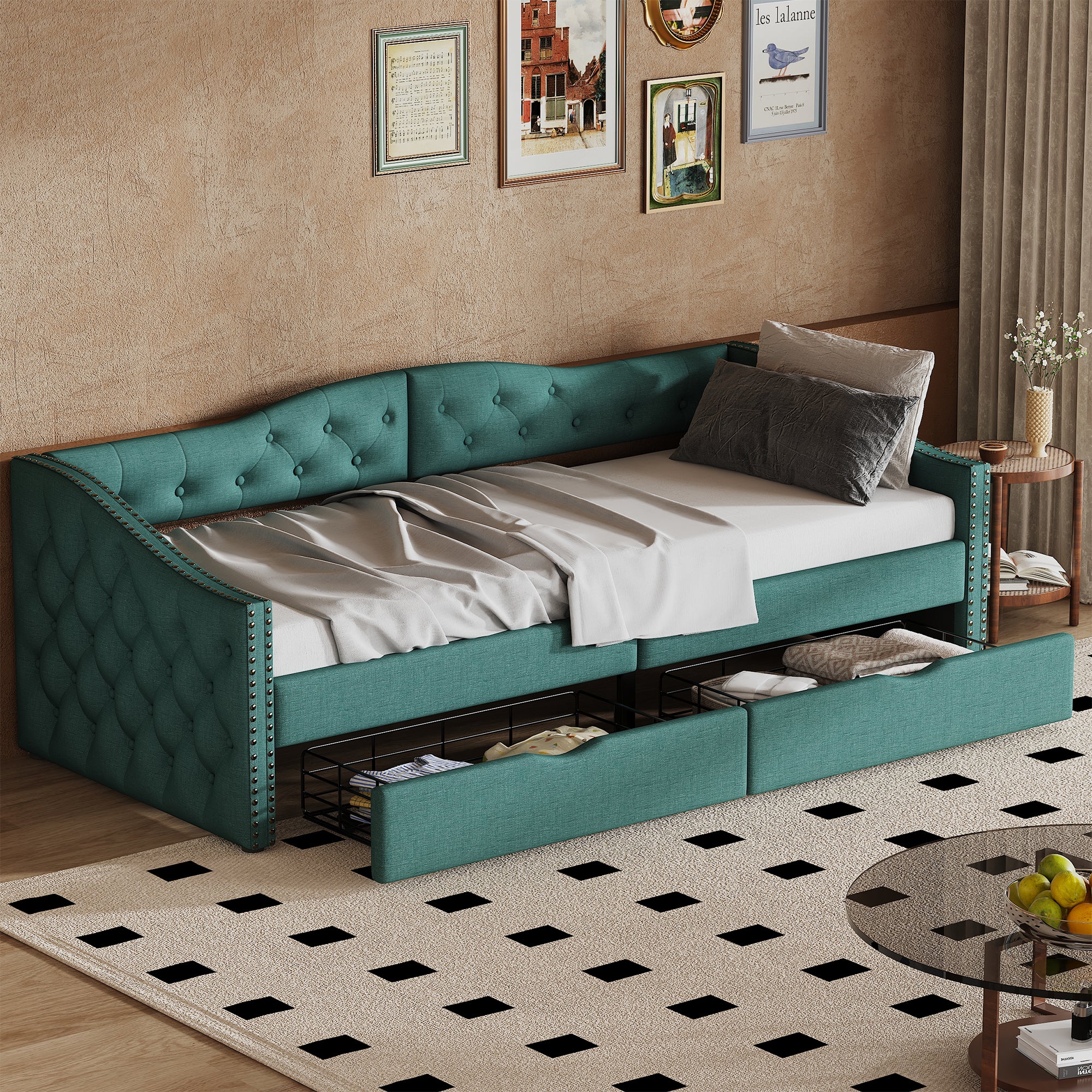 Canapé-Lit Extensible 90x190cm - 2 Tiroirs De Rangement - Transformable En Lit Double 180cm - Dossier Rembourré - Gris/Beige