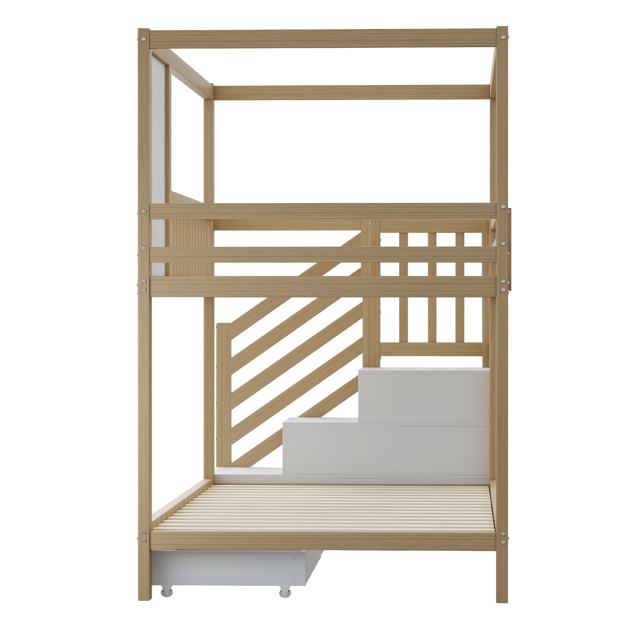 Letto per bambini 90x200cm casa con finestre scala con cassetti barriera sicurezza legno legno naturale (Sem materasso) - 6