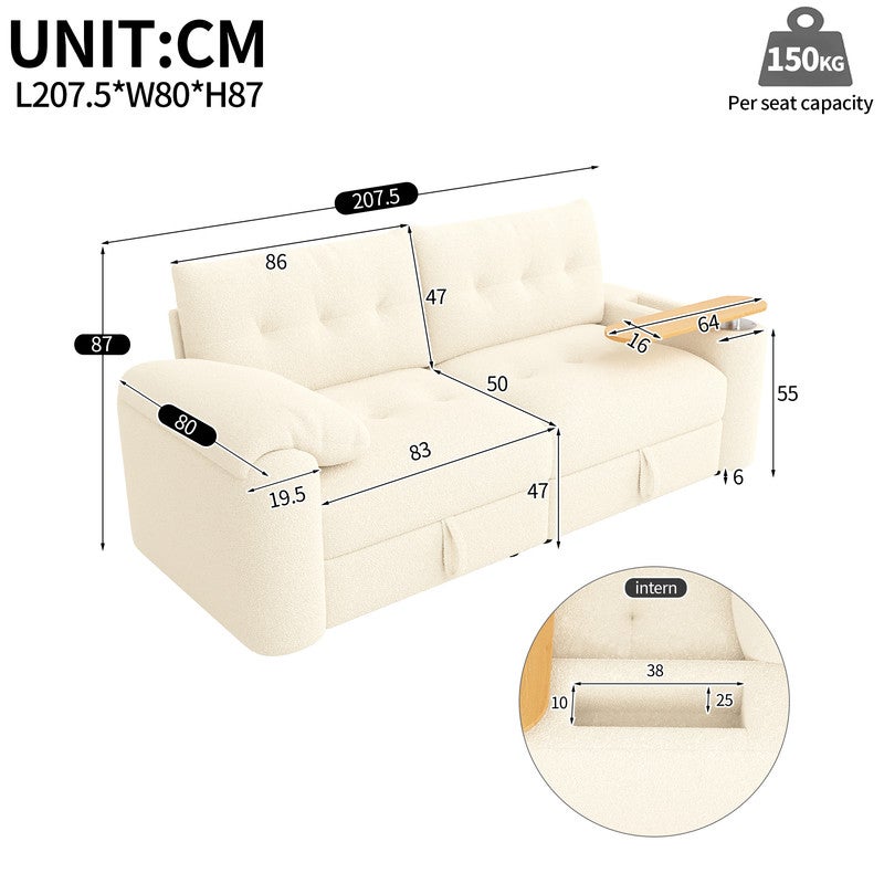 Canapé Modulaire 3 Places avec Rangement Intégré, Canapé d'Appoint avec Table Amovible - 207.5 x 80 x 87 cm - Béige - 5