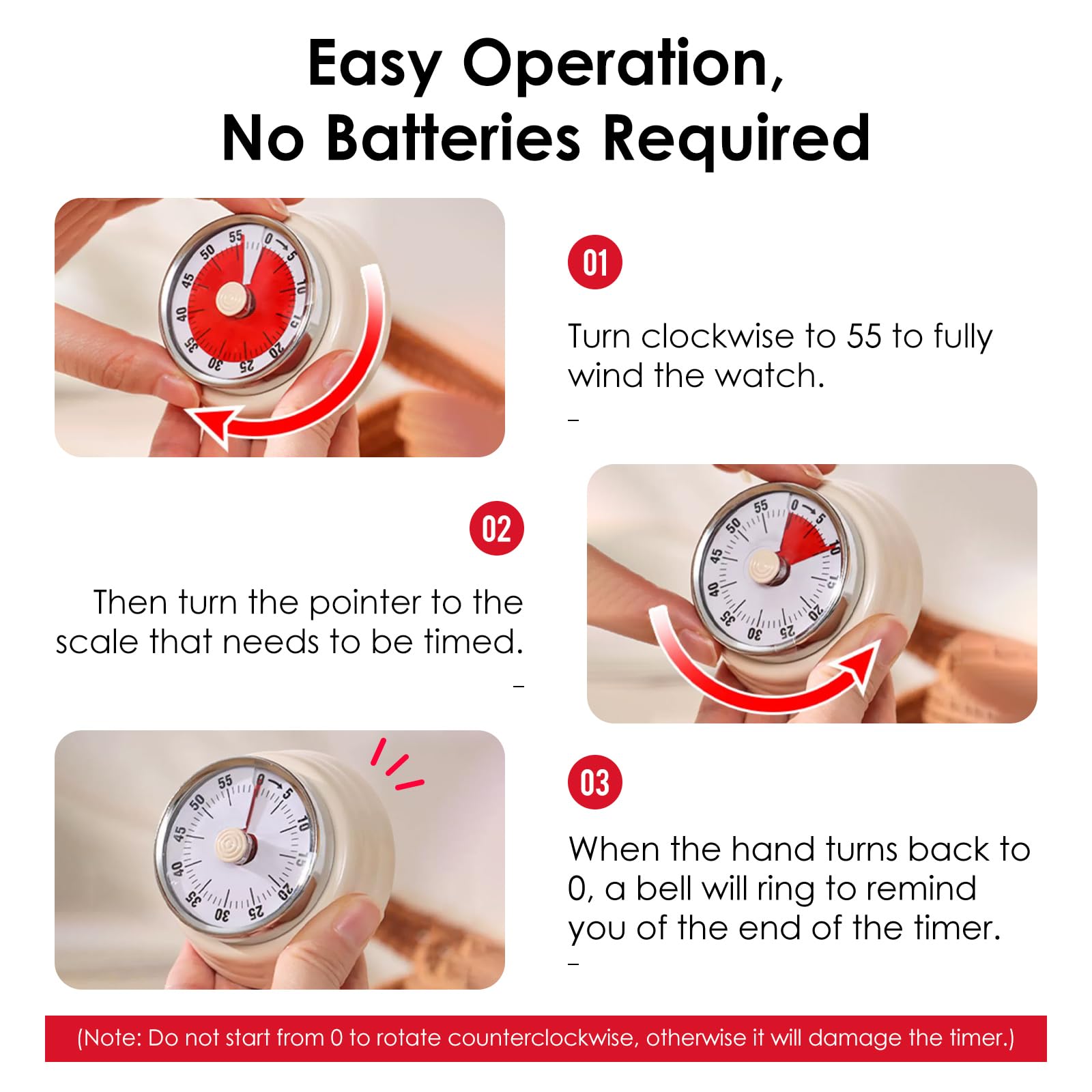 Timer da cucina visivo da 60 minuti - Timer magnetico - Adatto per aule, uffici e cucine - Bianco sporco - 4