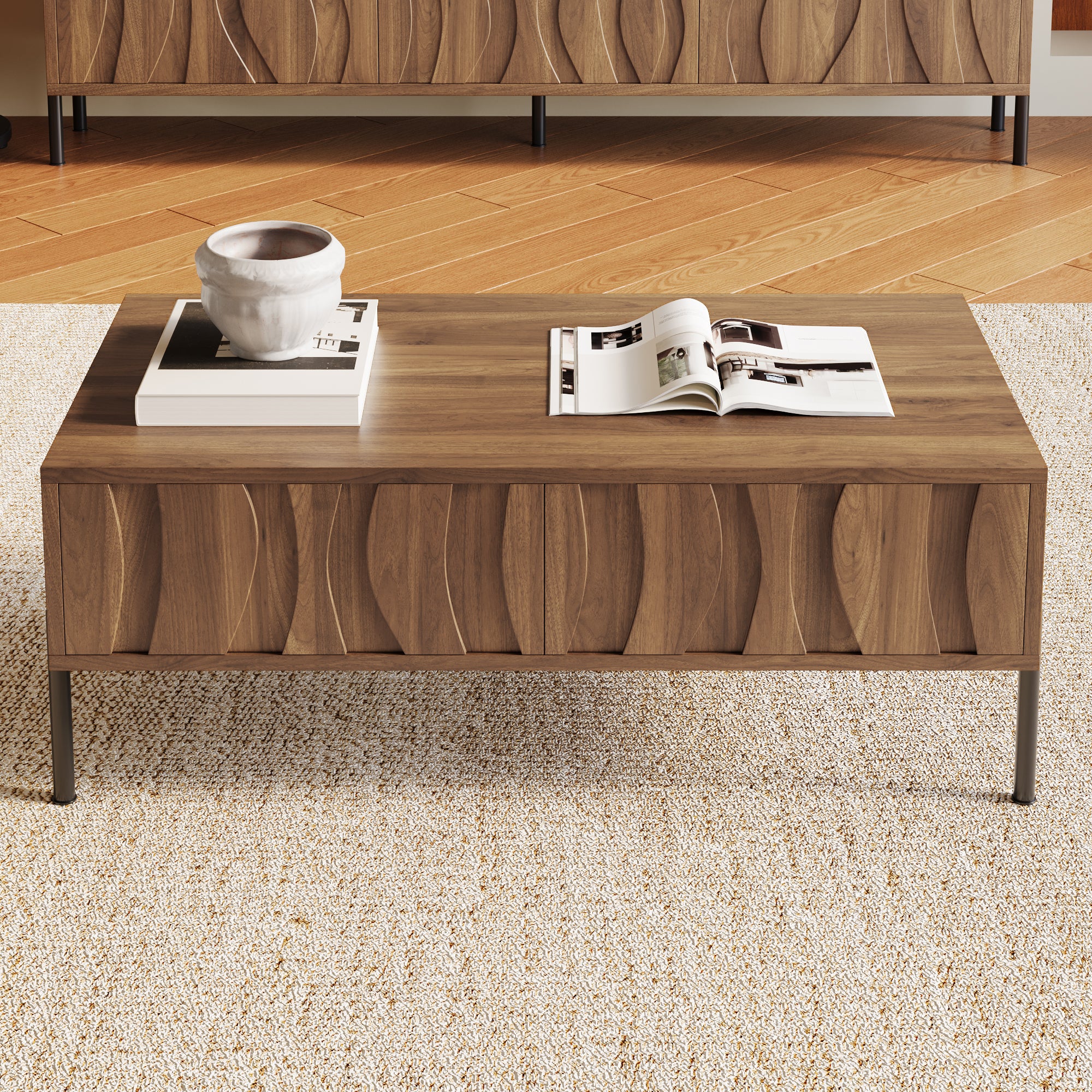 Table basse style vintage 105x55x41 cm - Avec 2 tiroirs - Structure en bois - Pieds en fer - MDF - Naturel - 7