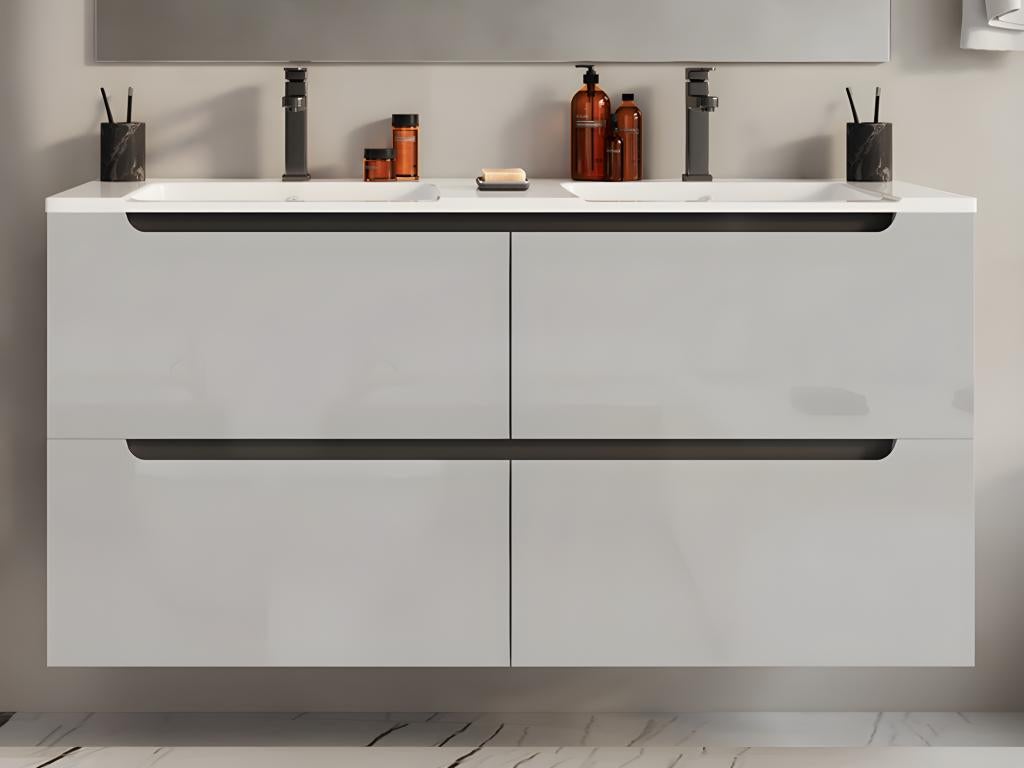 Meuble de salle de bain suspendu avec double vasque à encastrer - Blanc