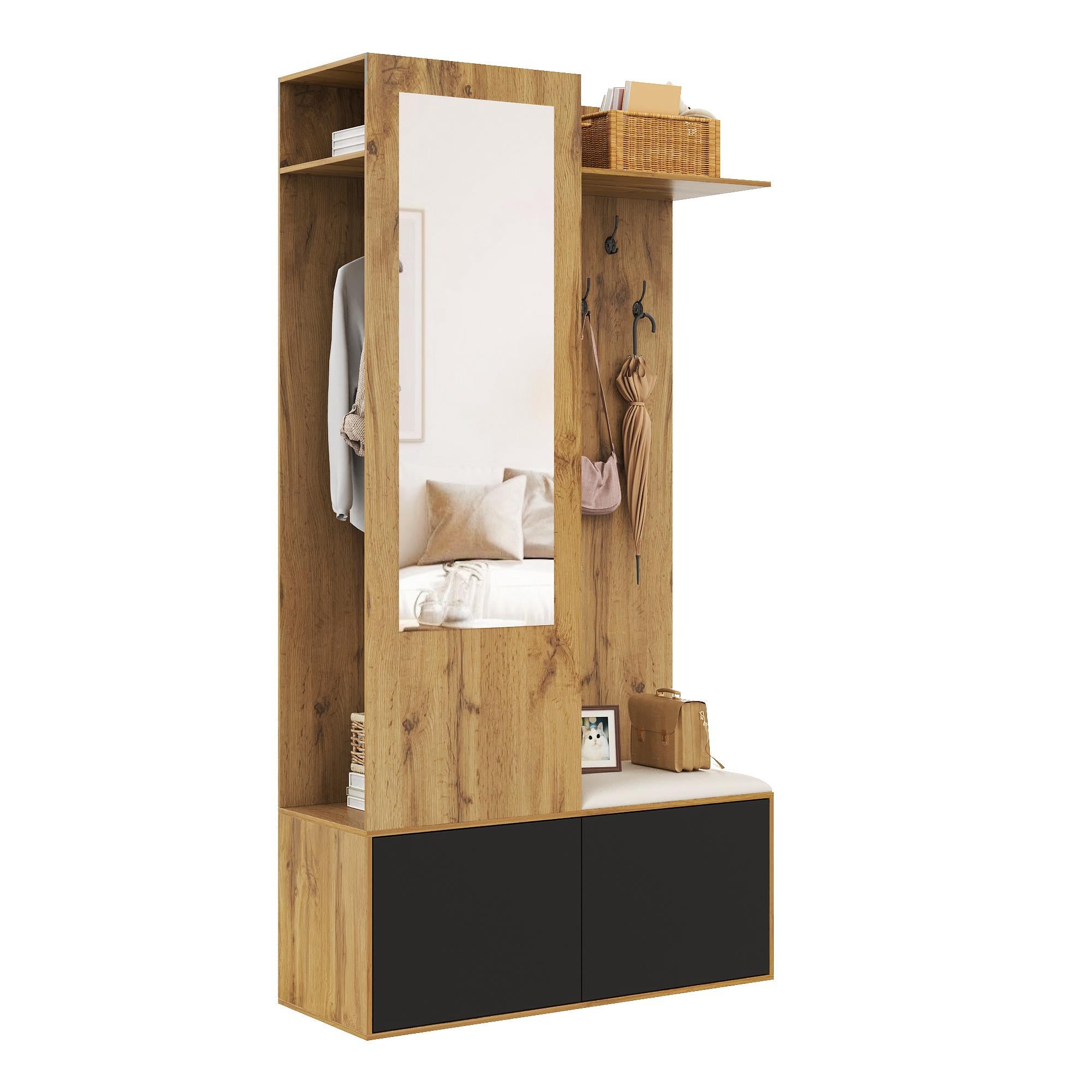 Meuble D'entrée 7 En 1 Avec Miroir Et Banc - 100x38.5x190cm, Blanc/bois - Rangement Chaussures, Tiroir, 2 Armoires - Charge 80kg