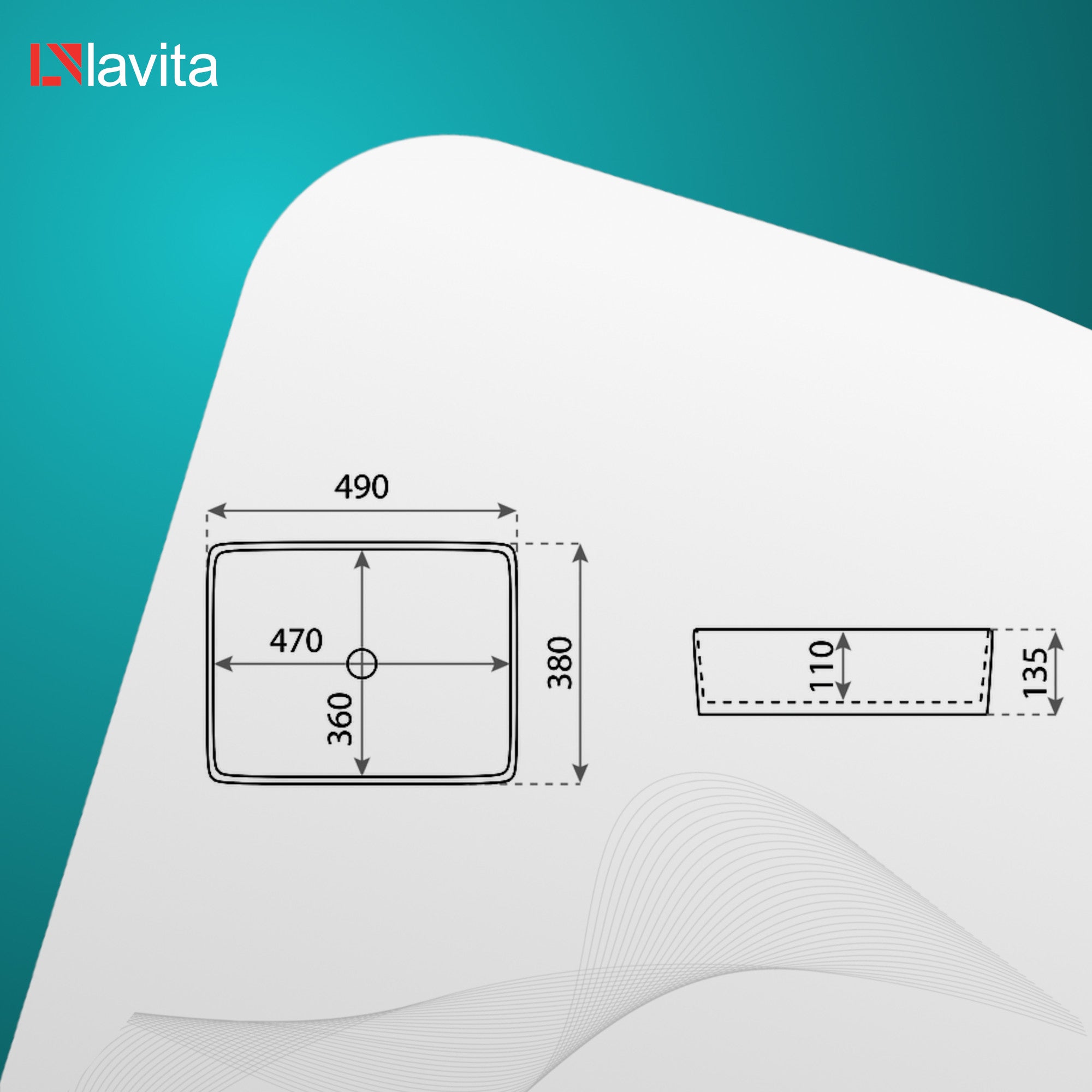 Vasque à poser LAVITA |Vasque à poser élégante et compacte|Produit en porcelaine de haute qualité |rectangulaire| 49x38x13,5 cm | Blanc brillant - 3