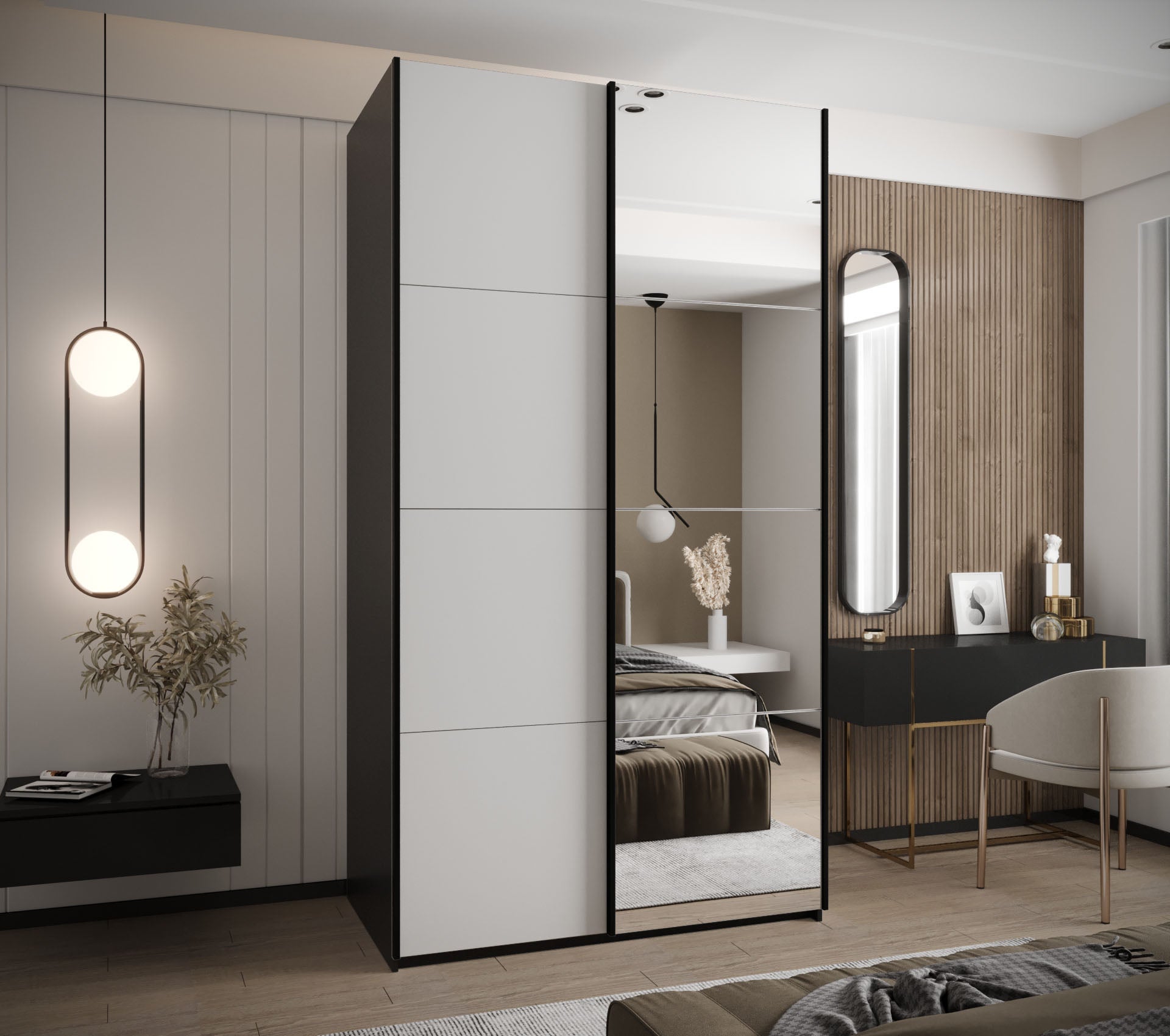 Szafa przesuwna wysoka Lux 3 140 x 64 x 245,5 cm czarny + biały + u. srebrny - Abiks Meble - 2