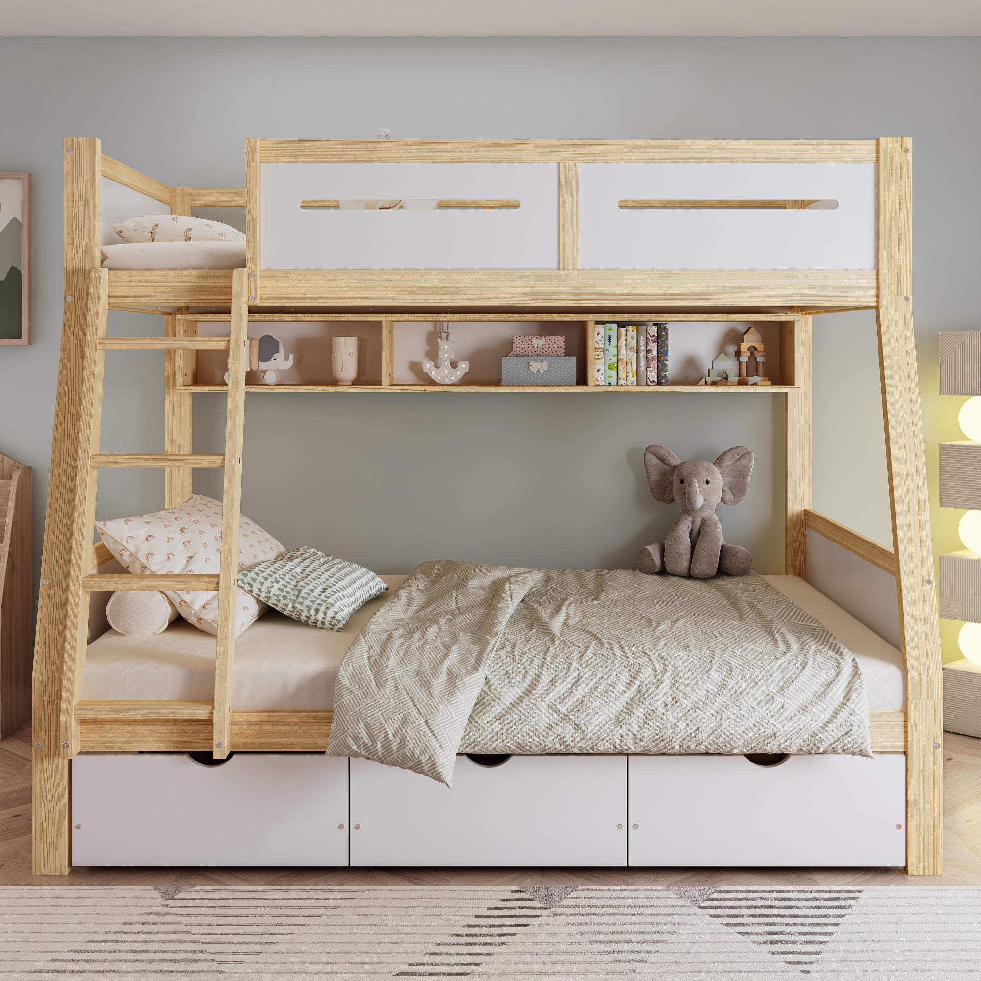 Lit superposé enfant 90x200cm i 120x200cm-3 szuflady do przechowywania-Biblioteka 2m-Bariery bezpieczeństwa-Stały stopniak