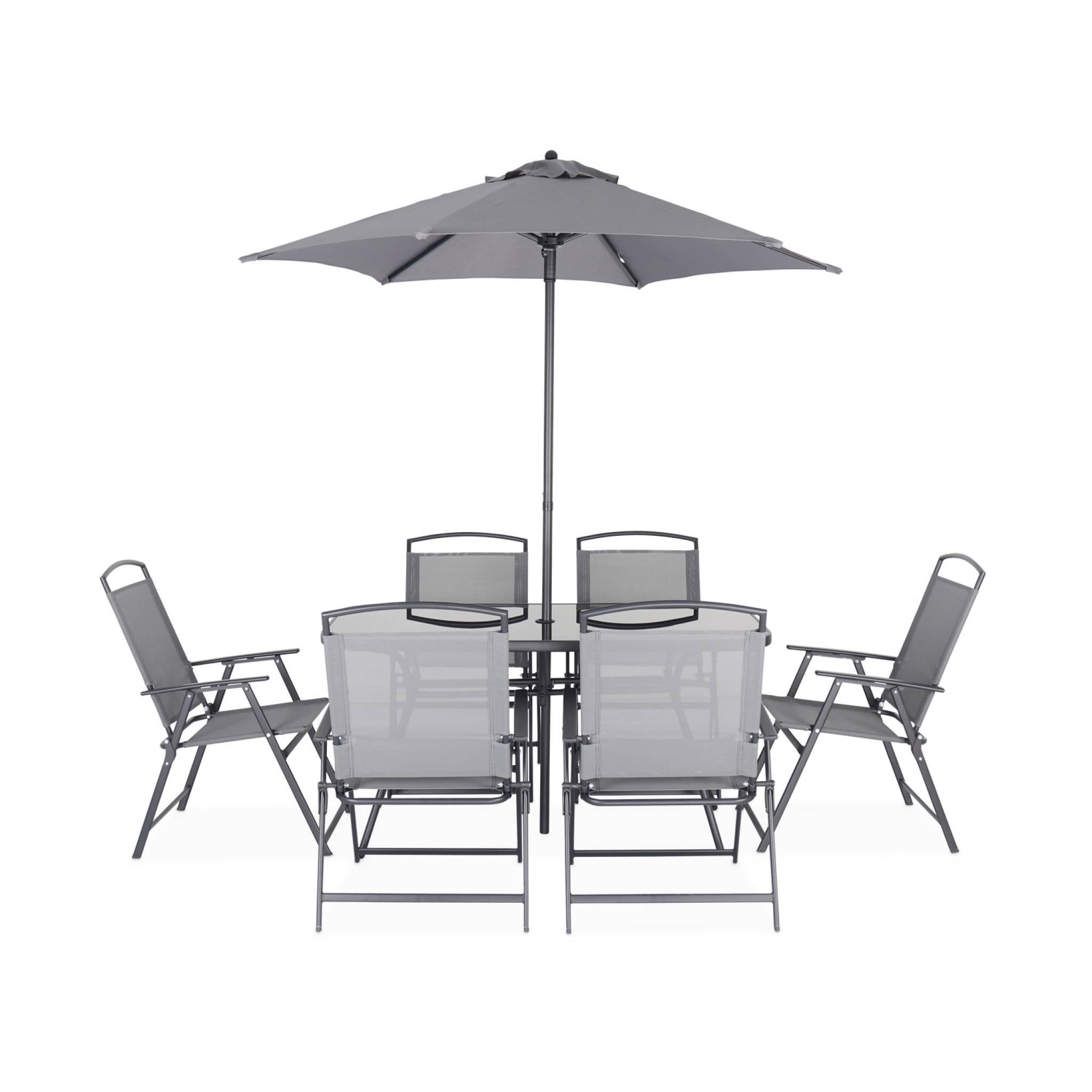 Conjunto mesa de jardín de acero con 6 sillas y 1 sombrilla Gris - 140x80x71.5 cm - 4