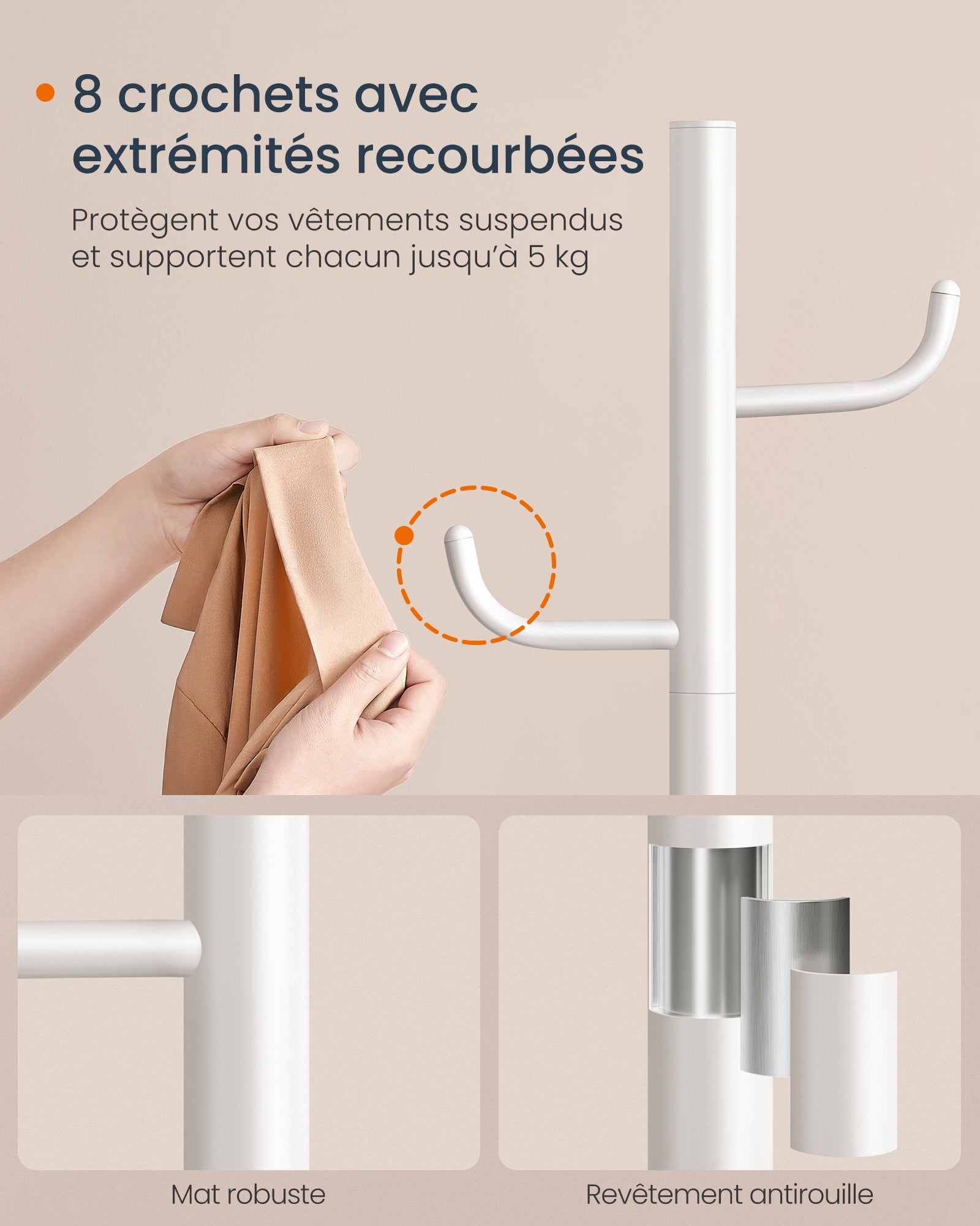 Portemanteau en Forme de Cactus,8 Crochets avec Extrémités Recourbées vers le Haut, Hauteur 175,3 cm, pour Vêtements, Chapeaux, Blanc Nuage - 4