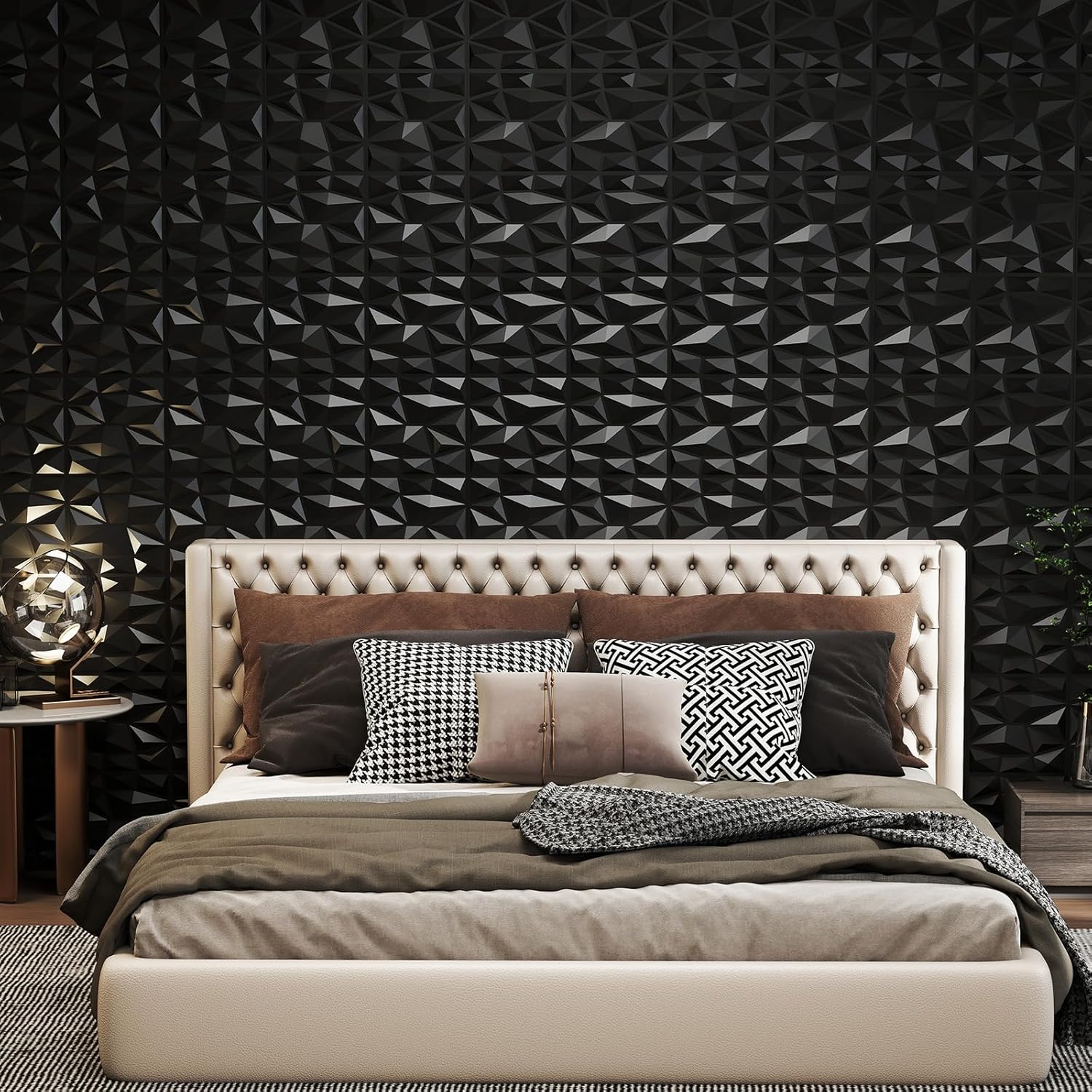 Lot de 50 Panneaux Muraux 3D Carrés 30 x 30 cm, Décoration Murale Intérieure en PVC Résistant au Feu avec Accent Diamant pour Découpe Créative, Noir - 9
