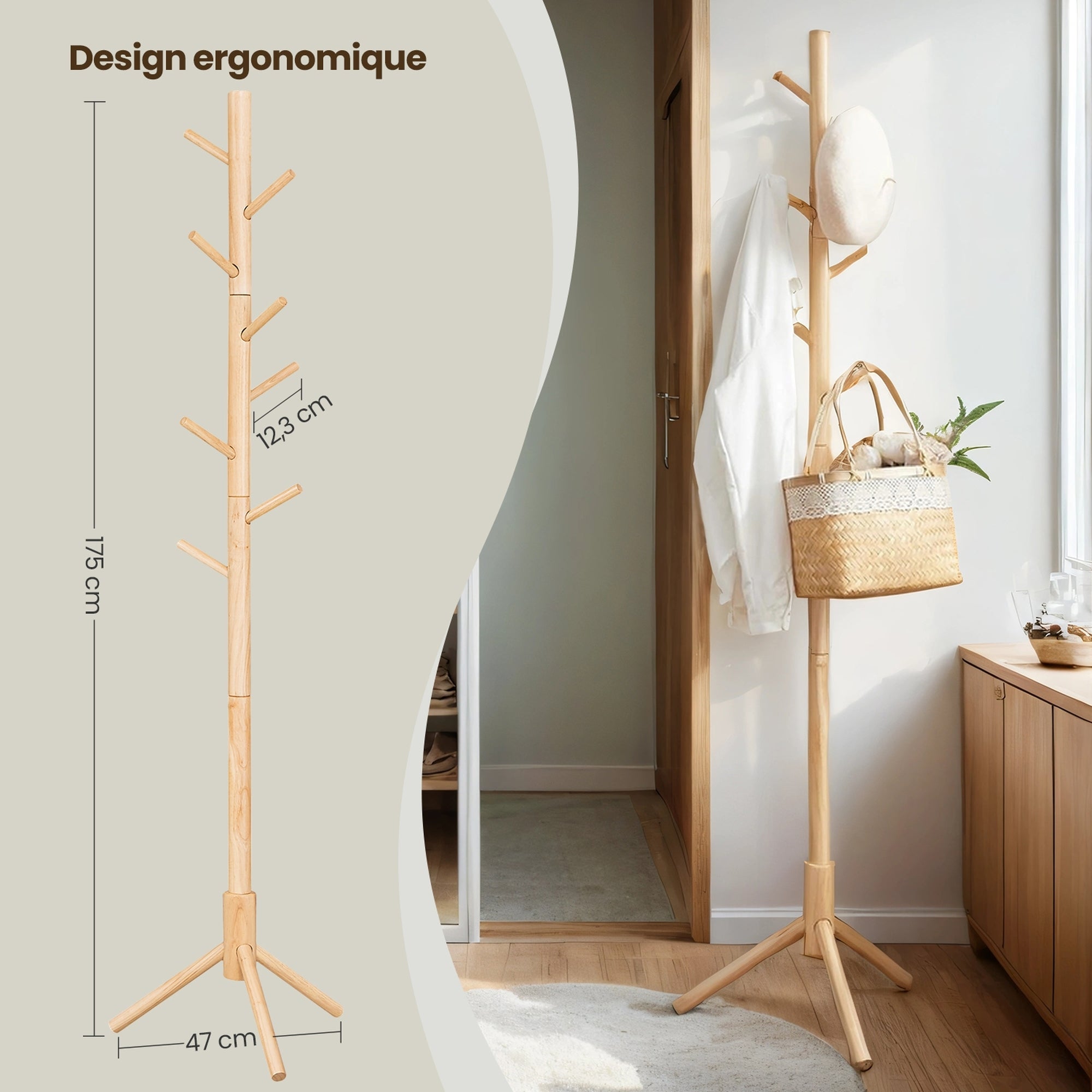 Porte-manteau, en Bois, Forme d’Arbre, 8 Crochets, 3 Hauteurs Réglables, 46,3 x 40,3 x 174,5 cm, Naturel - 3