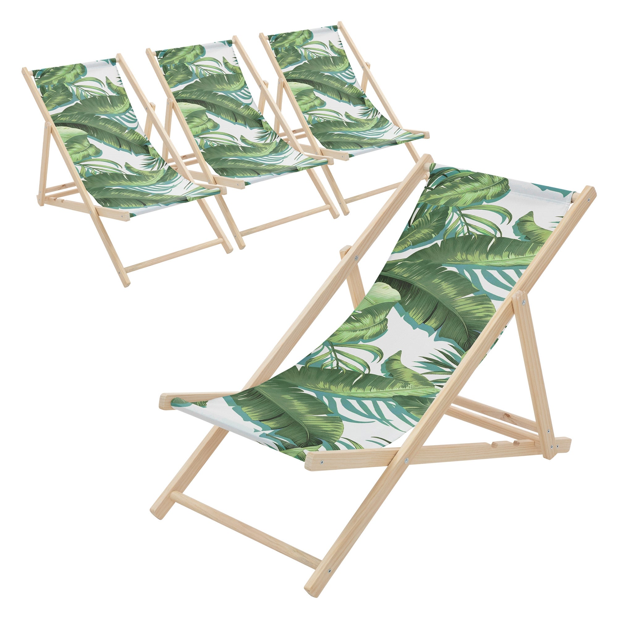 ECD Germany 4x lezak plażowy tropical zielono biały drewniany 3-pozycyjny do 120 kg krzesło relaksacyjne balkon taras ogród komfortowy stabilny