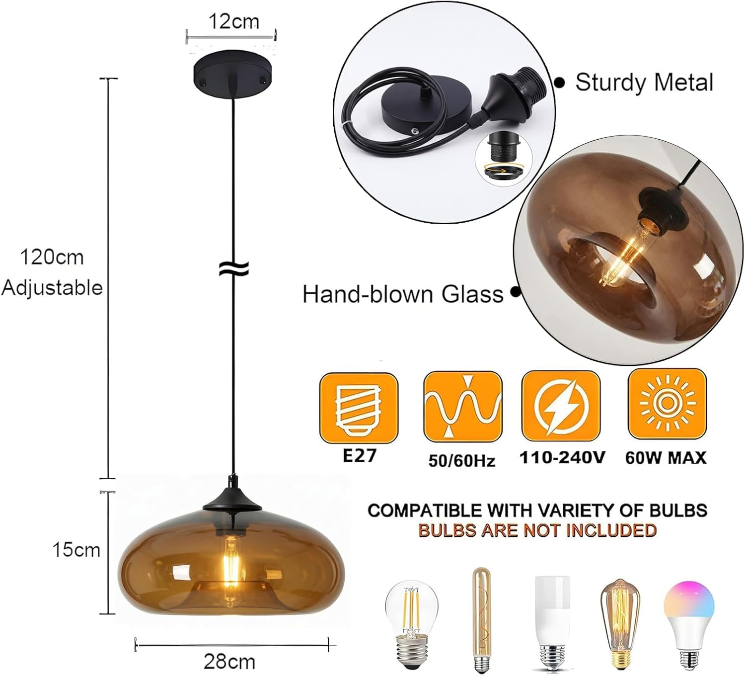 Suspension Luminaire Industriel Vintage avec Abat-Jour en Verre Soufflé 28cm - Lampe Suspendue Plafond E27 pour Salon & Salle à Manger (marron) - 2