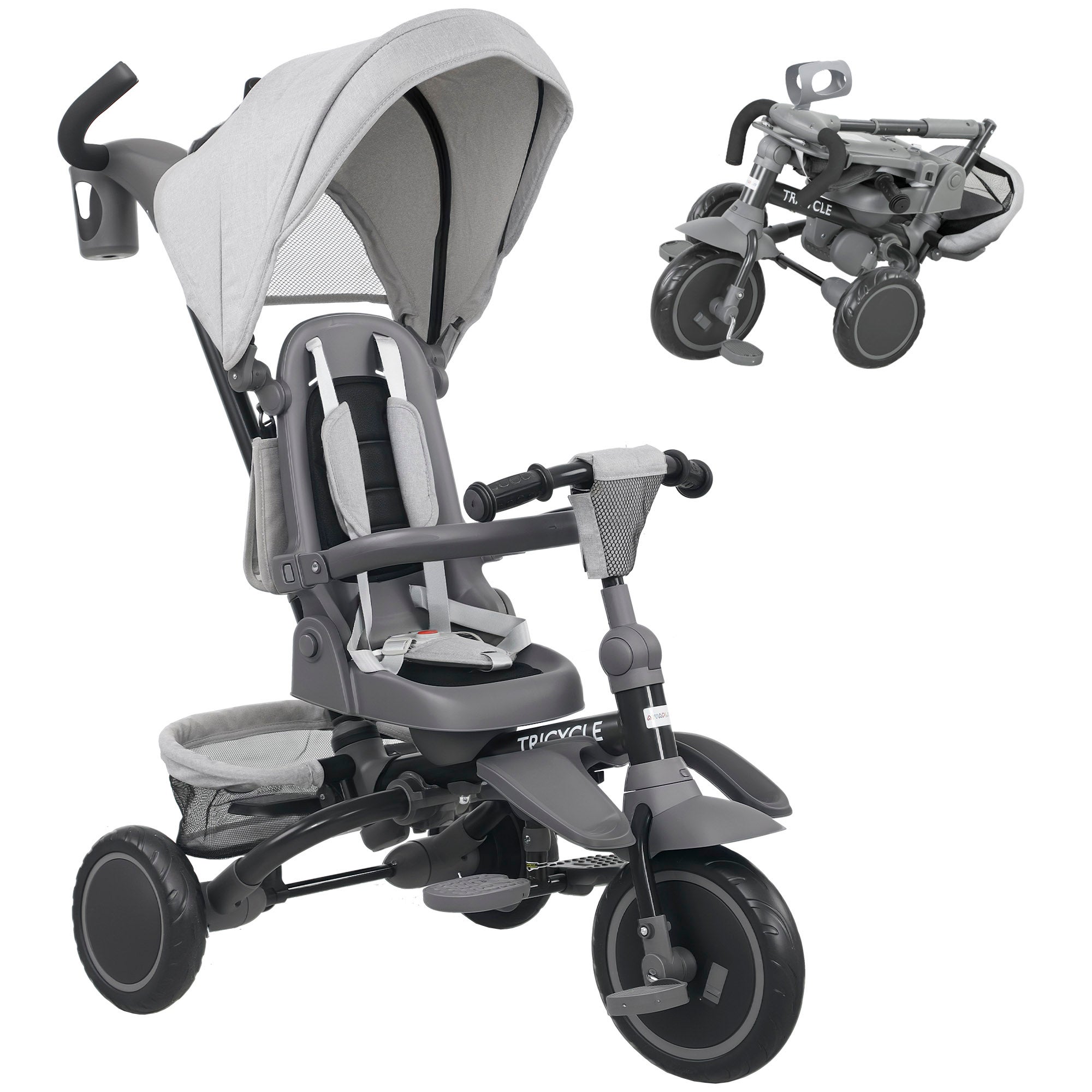 Tricycle Bébé évolutif 4-en-1 – Pliable – Draisienne, Poussette, Vélo – De 1 à 5 Ans – Ceinture 5 Points – Auvent