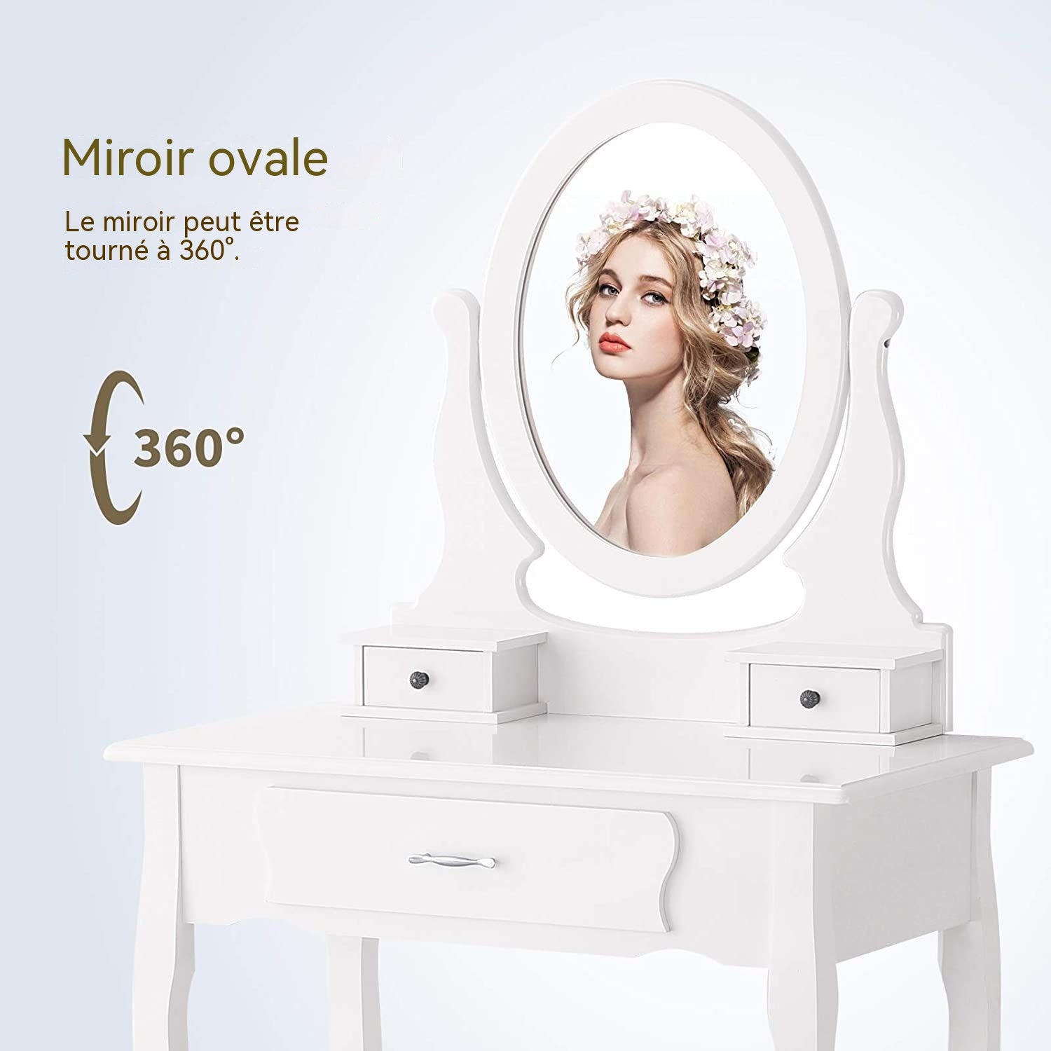 Coiffeuse Blanche avec Miroir Pivotant 360°, Table de Maquillage 3 Tiroirs et Tabouret Rembourré, Bureau 2-en-1 Chambre, 75x40x136cm - 5