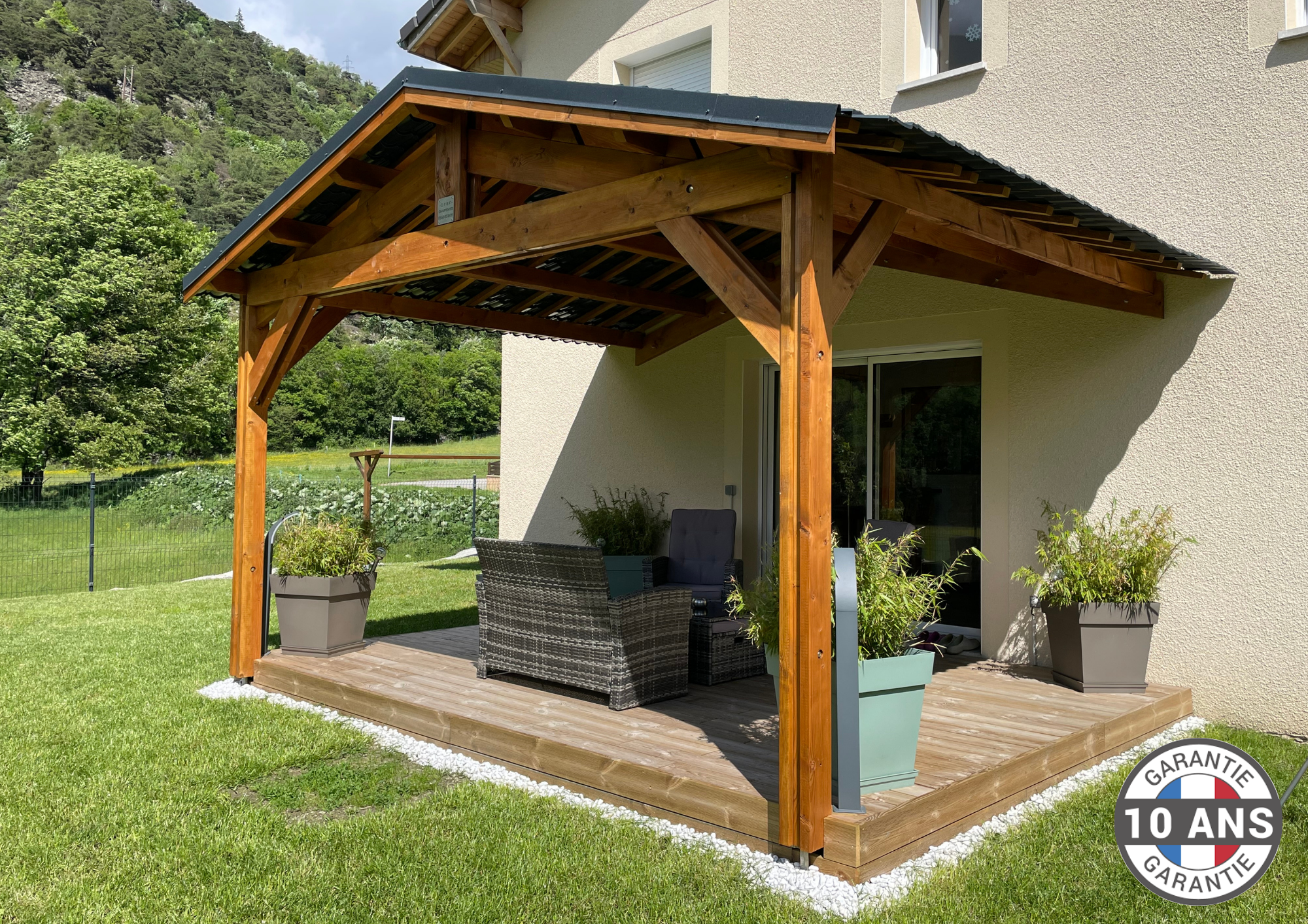 Carport Bois Douglas Français 30 m² – 2 pentes adossé – 4 poteaux – Abri voiture extérieur – Garantie 10 ans - 5