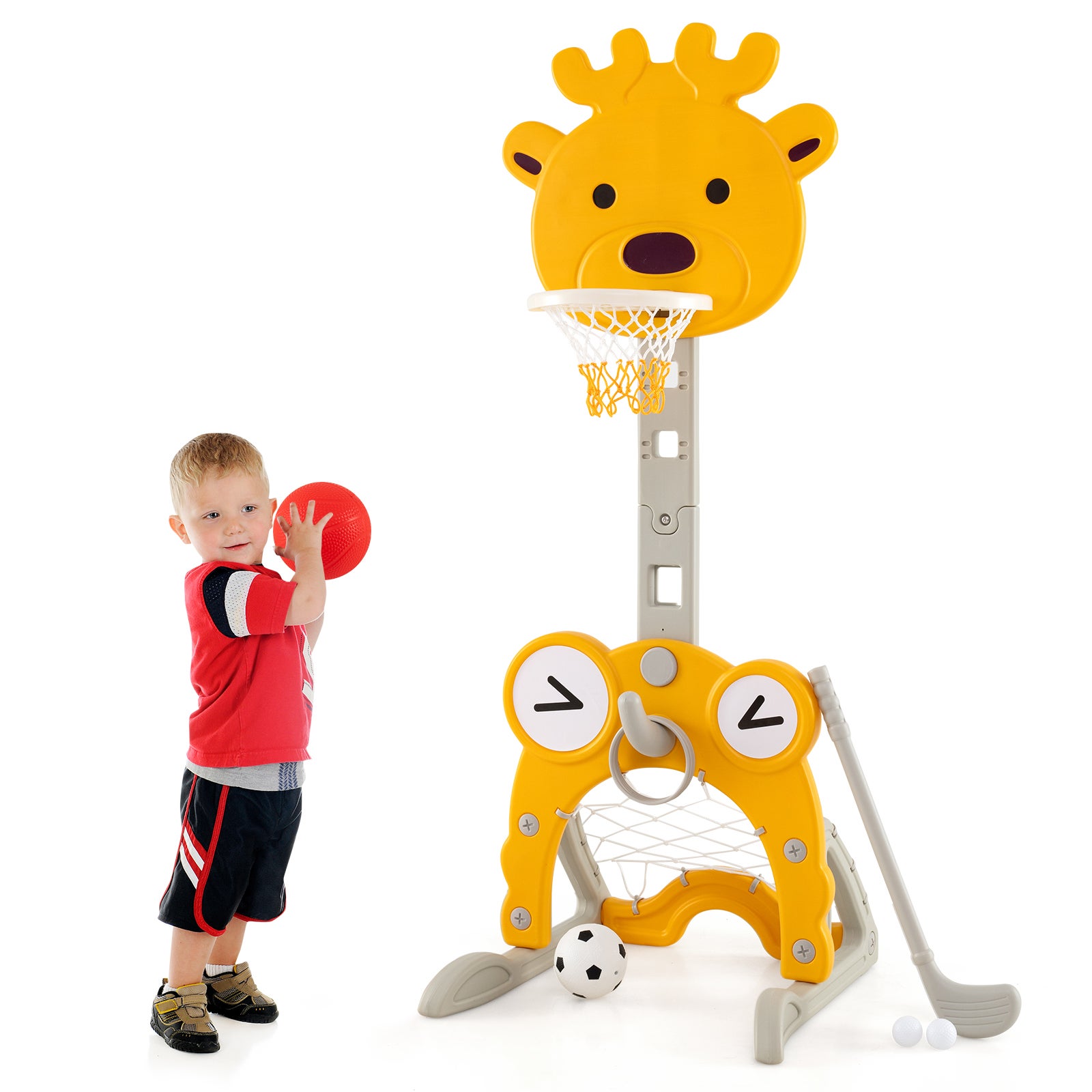 GOPLUS Panier De Basket 3 En 1 Avec Football Et Jeu D'Anneaux - Hauteur Réglable 88-128cm - Enfants 1-6 Ans - Forme Ours