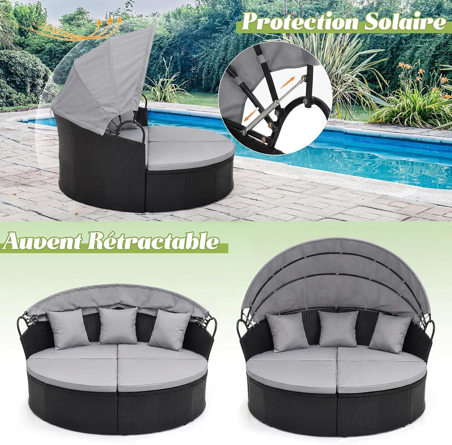 GIANTEX Lit de Jardin Rond en Rotin PE avec Auvent Rétractable, avec Coussins et Oreillers Amovibles Charge 360KG,pour Jardin Porche,Gris - 4