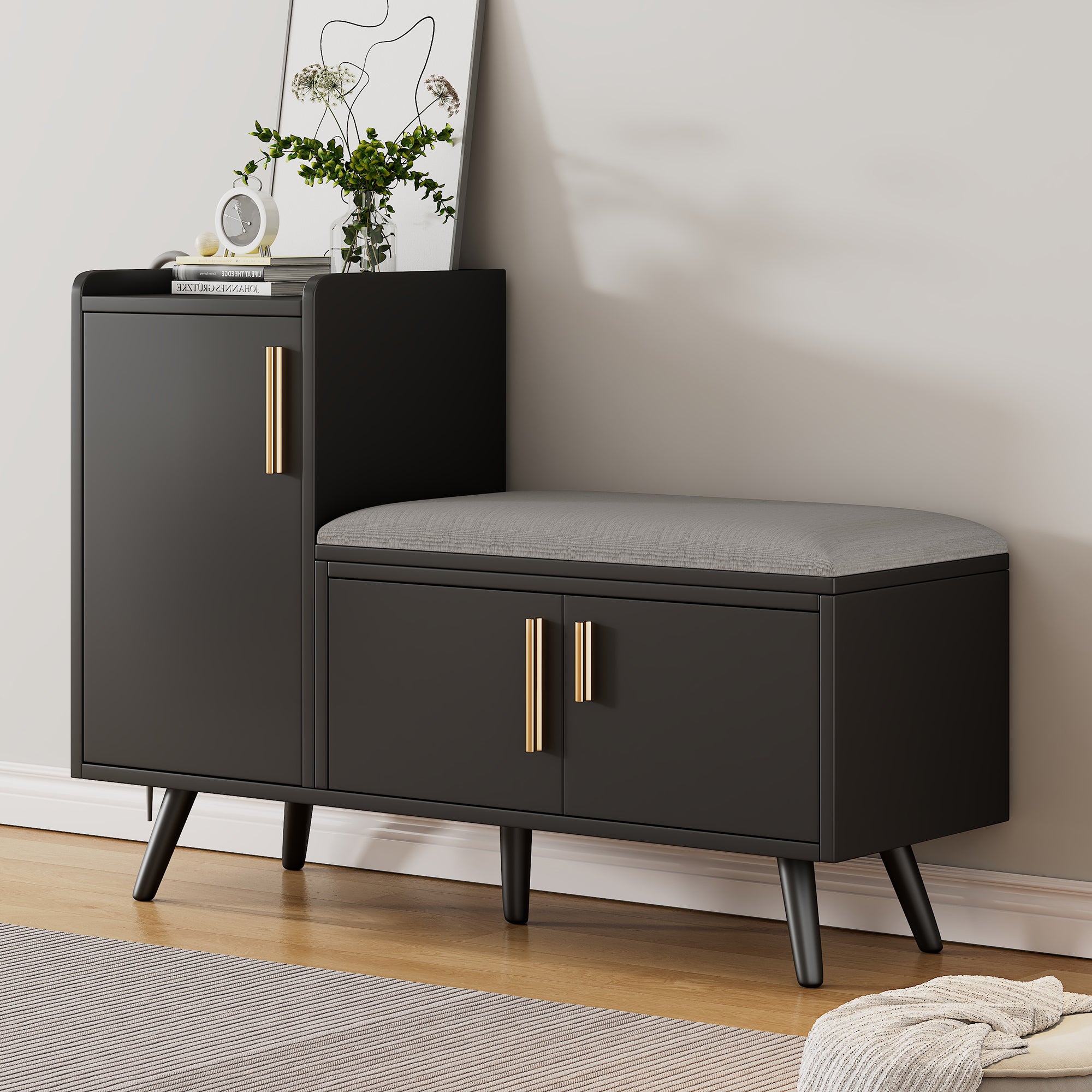 Banc à chaussures moderne avec 3 portes et coussin - pièds et poignées en métal - coloris noir - 100 x 34 x 69 cm - 2