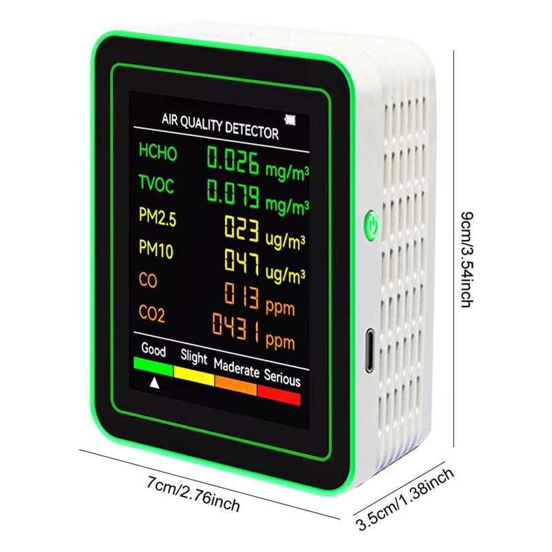 Monitor de calidad del aire 6 en 1, medidor de CO2, PM2.5, PM10, HCHO, TVOC, CO, detector de formaldehído con pantalla LCD y analizador de gases - 7