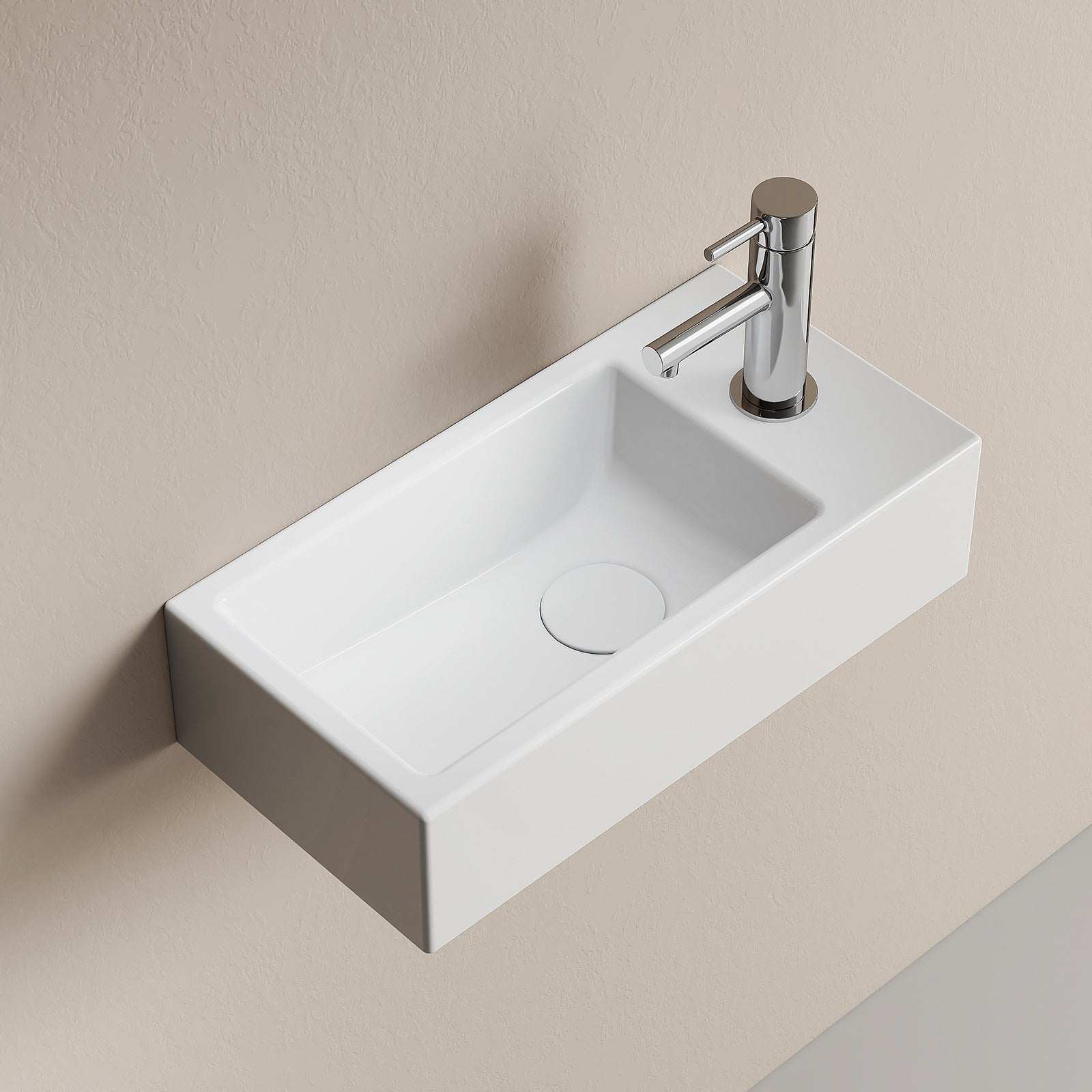 EMKE Umywalka ceramiczna 40,5x20,5x10,5 cm, Umywalka ścienna Compacto, Prawy otwór na baterię, brylantowa biel