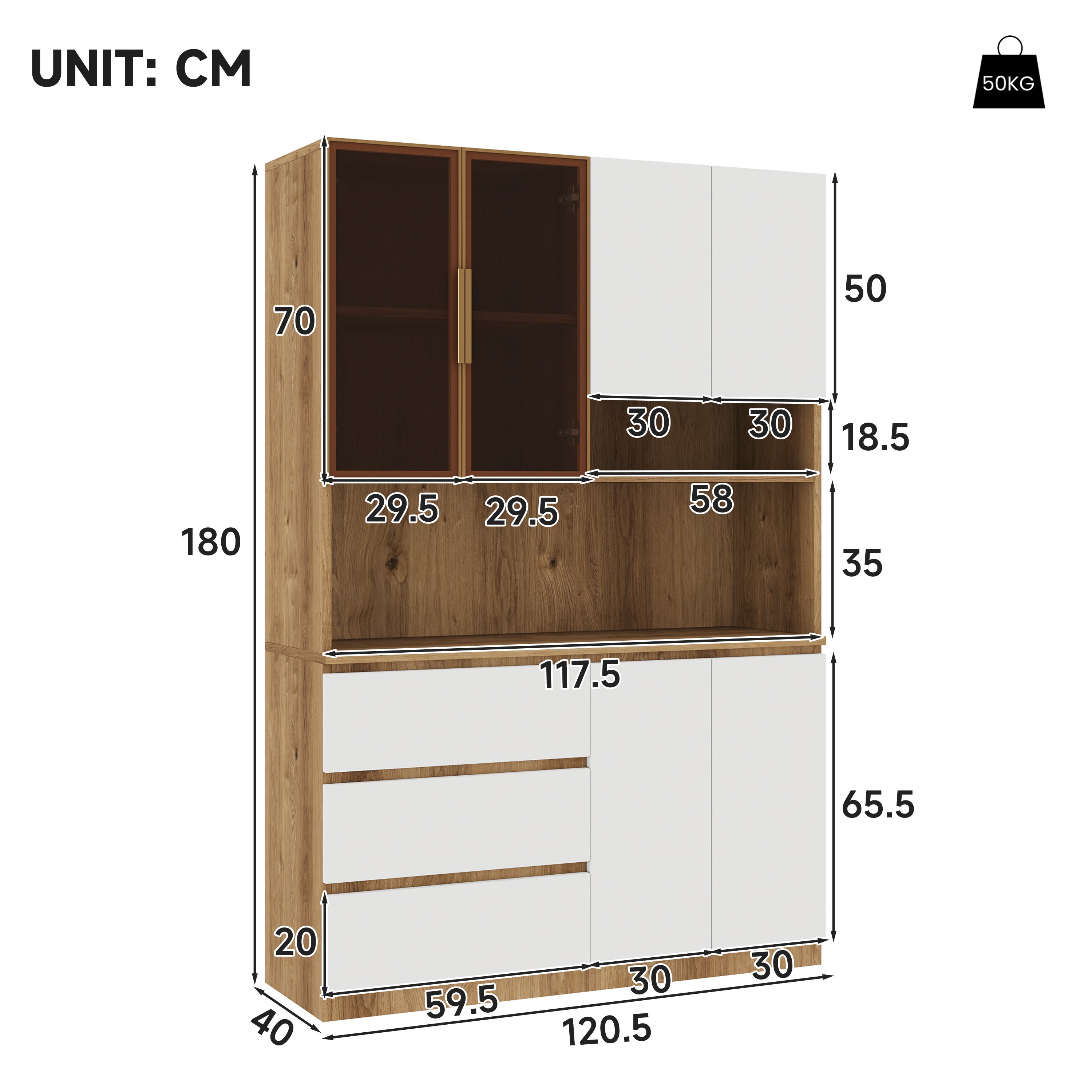 Meuble de cuisine 120,5 x 40 x 180 cm, armoire de rangement LED avec 3 tiroirs, 6 portes, étagères et niche micro-ondes, Blanc + bois naturel - 4