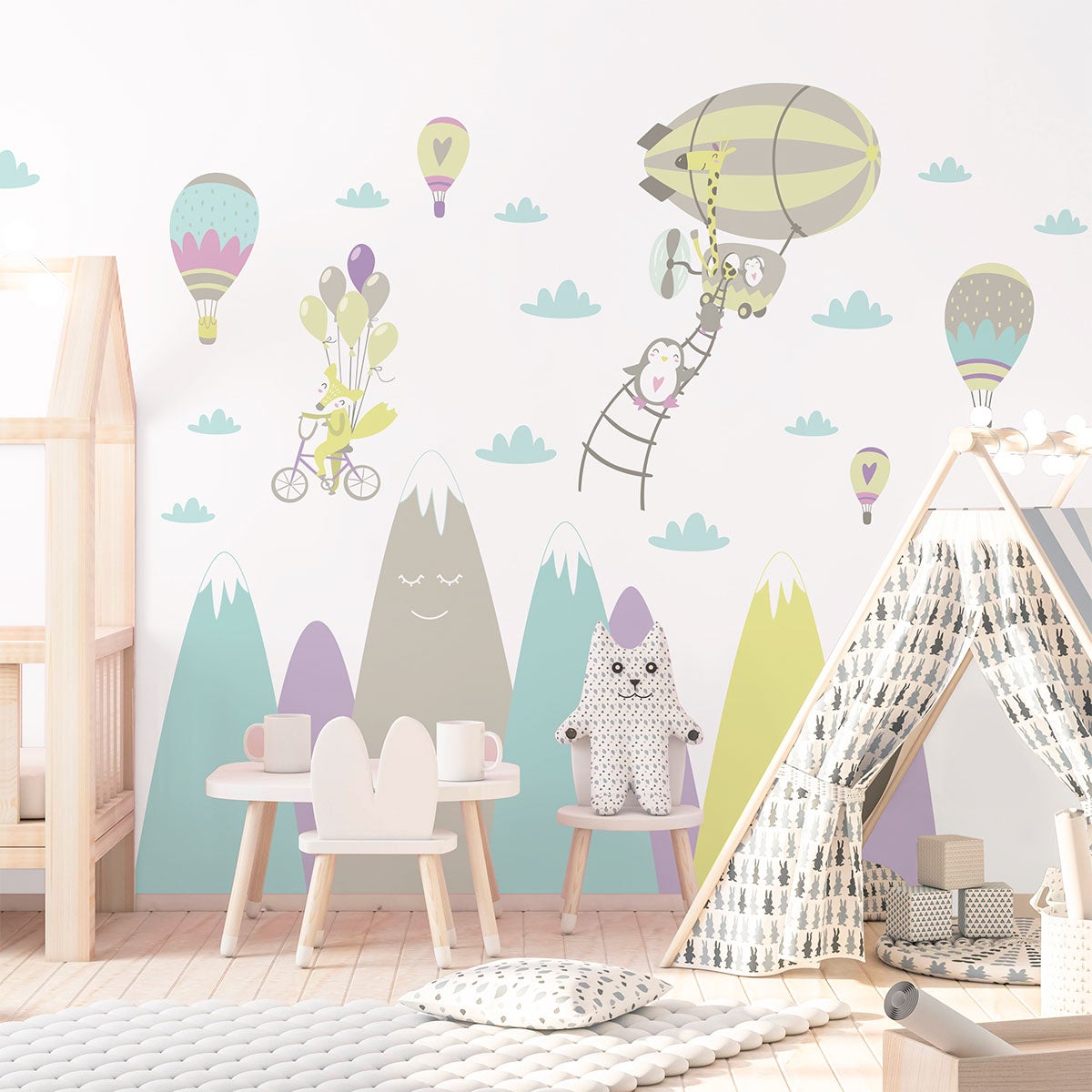 Vinilo escandinavo de montaña animales fantasticos - adhesivo de pared - revestimiento sticker mural decorativo - 90x135cm