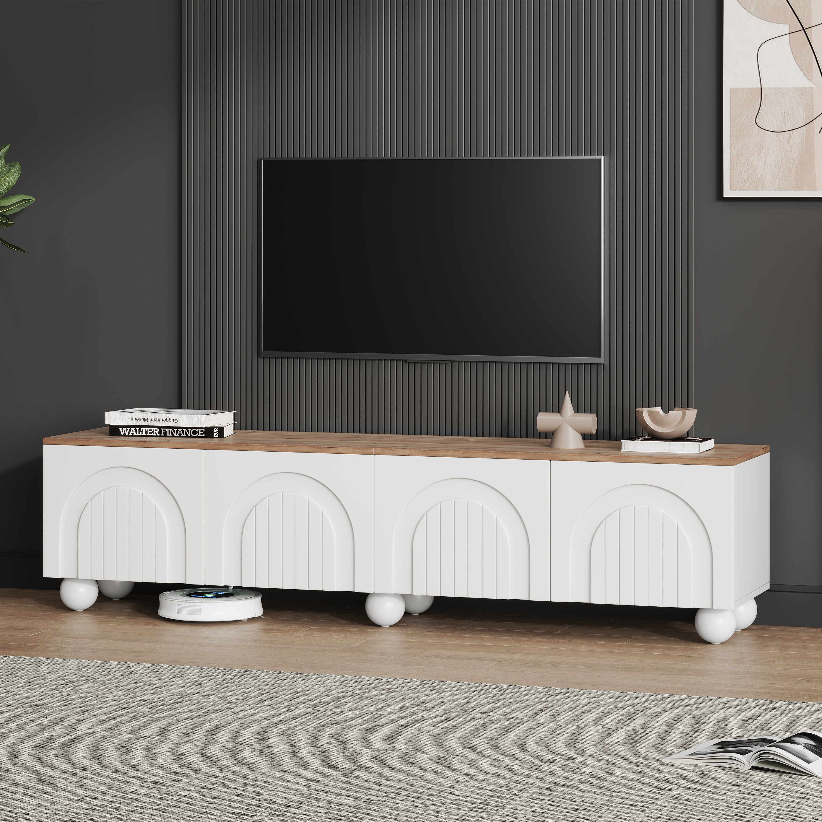 Meuble TV avec 4 portes pour tv 80 pouces - 180 x 40 x 45 cm - MDF - pour salon ou chambre - Blanc + Chêne - 6