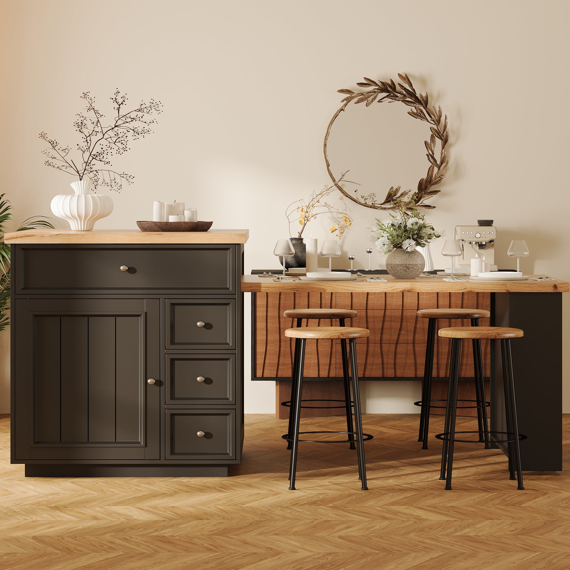 Îlot de cuisine extensible 120–184x70x94 cm avec tiroirs, plateau aspect bois, meuble mobile multifonction, cuisine et bar, noir - 3