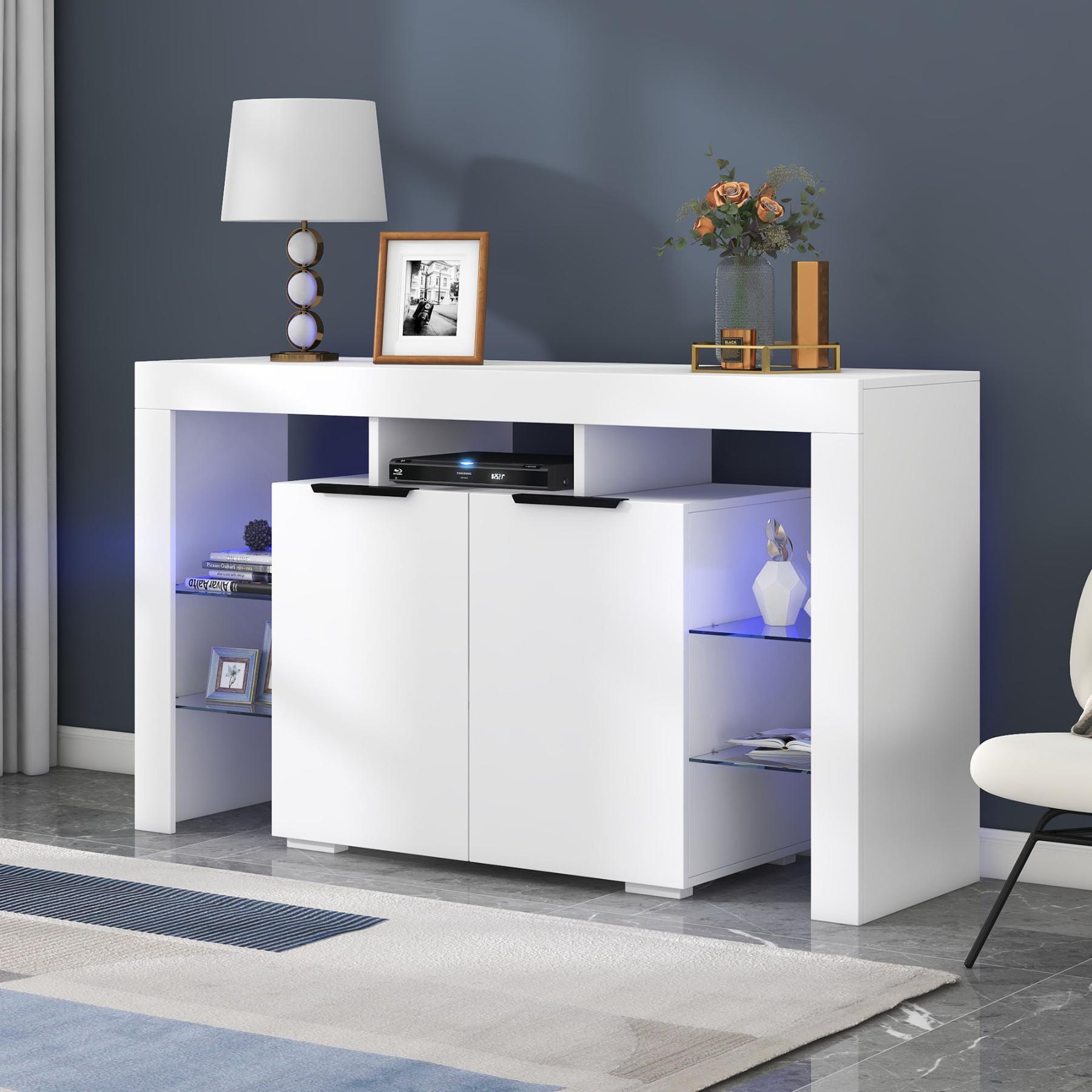 Buffet LED Haut Brillant avec 4 Étagères en Verre, 2 Portes, Éclairage ...