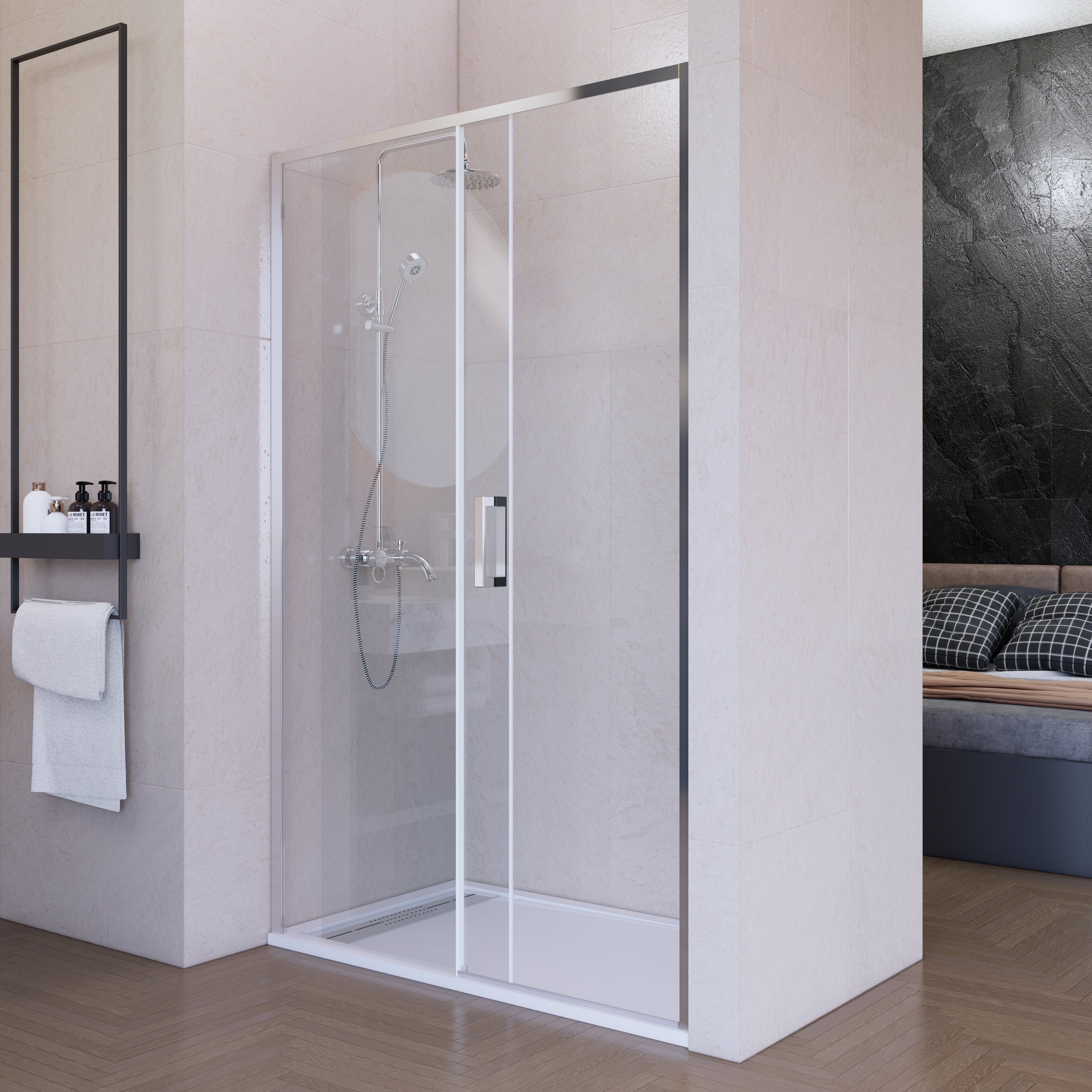 Mampara de ducha frontal corredera 100 cm 1 puerta + 1 fijo Plata cromo Cristal transparente 6 mm 195 cm altura - 3