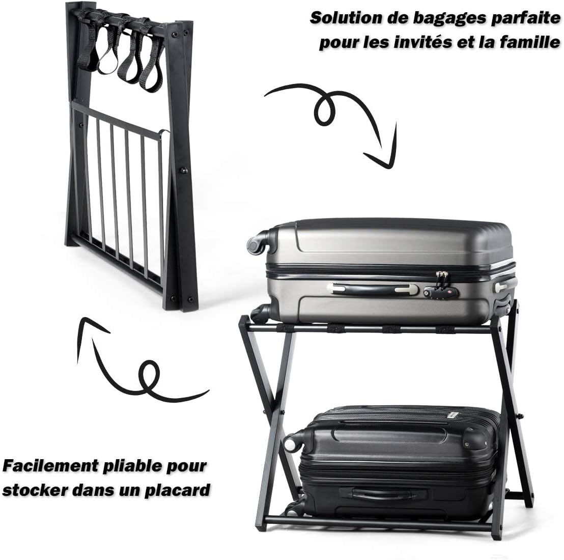 Portavaligie Pieghevole, Porta Valigie Poggia Bagaglio a 2 Ripiani, Cavalletto da Valigie, per Hotel e Viaggio, in Metallo, 68 x 43 x 56 cm (N - 3