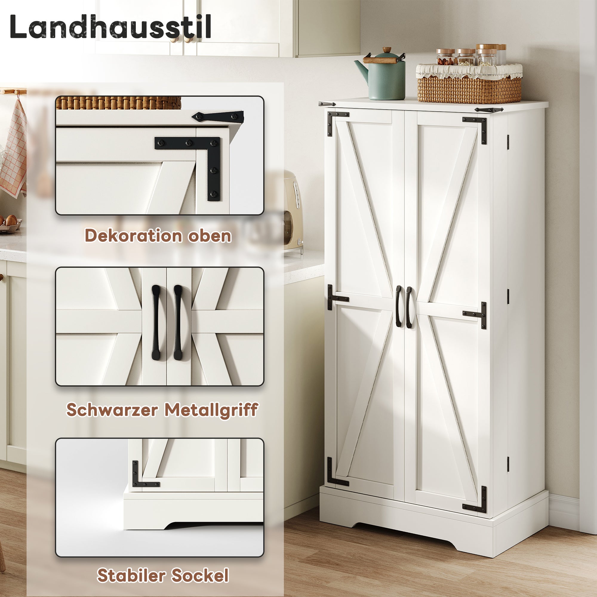 Meuble de cuisine blanc de style campagnard, 128,5 cm, avec éclairage LED. 2 portes à charnières et étagères réglables. - 4