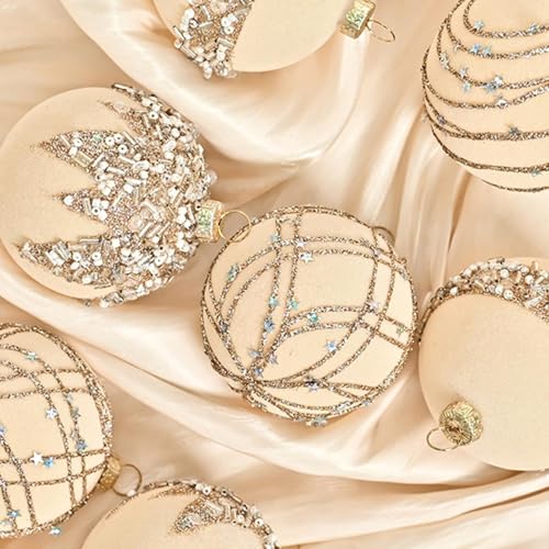 12 palline di Natale bordeaux, palline di Natale in velluto, palline di Natale floccate, decorazioni per albero di Natale glitterate, beige - 2