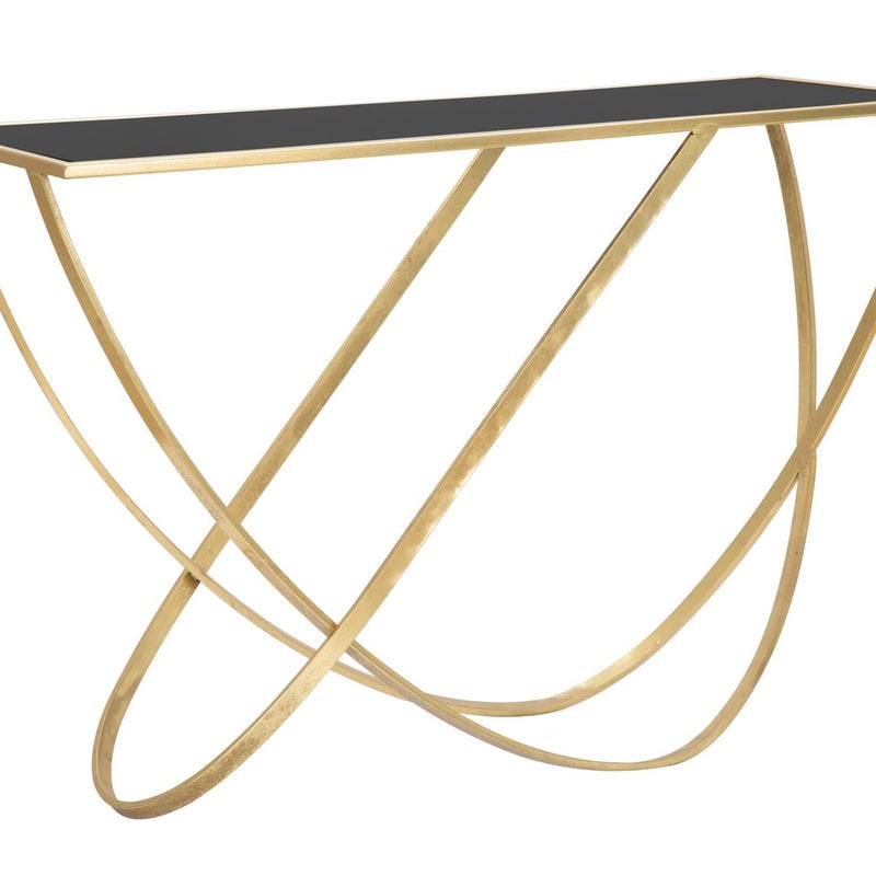 Stolik konsolowy Ring w kolorze czarno-złotym z lustrzanym blatem, elegancki i kręty design - 120x40x79 cm