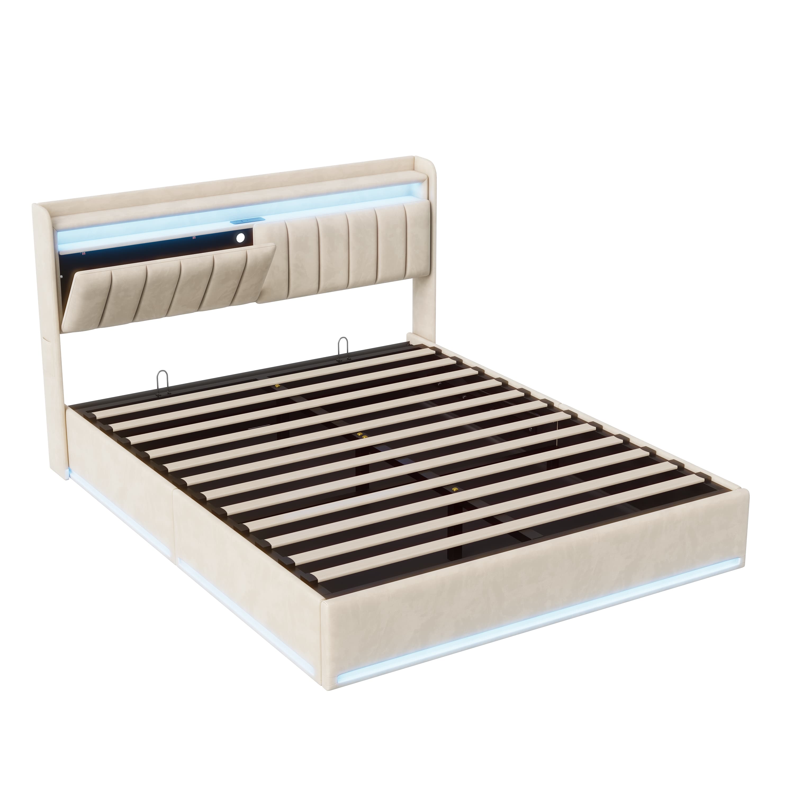 Lit coffre 160x200cm avec LED et ports USB, lit double avec espace de rangement et tête de lit, cadre de lit rembourré à lattes, velours, beige - 9