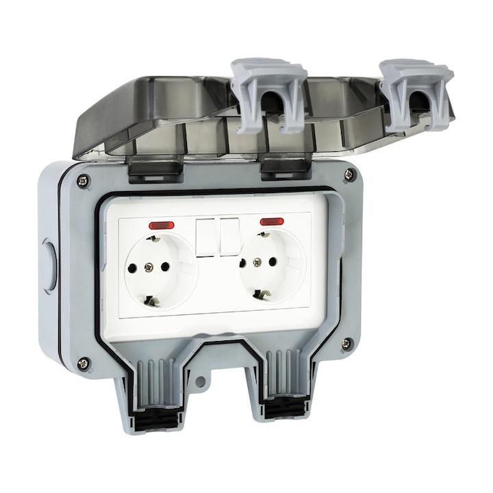Zewnętrzne gniazdo elektryczne, ABS, Podwójne, IP66, Szary/Czarny