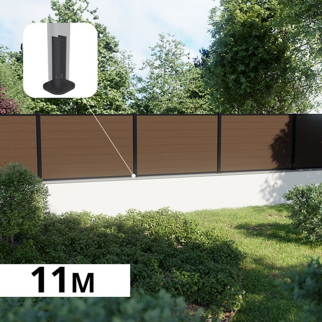 Kit Clôture Composite sur Muret RIO Bronze 11x1,2m - Bois composite & Aluminium - Poteaux sur Platines Noir - Brise vue